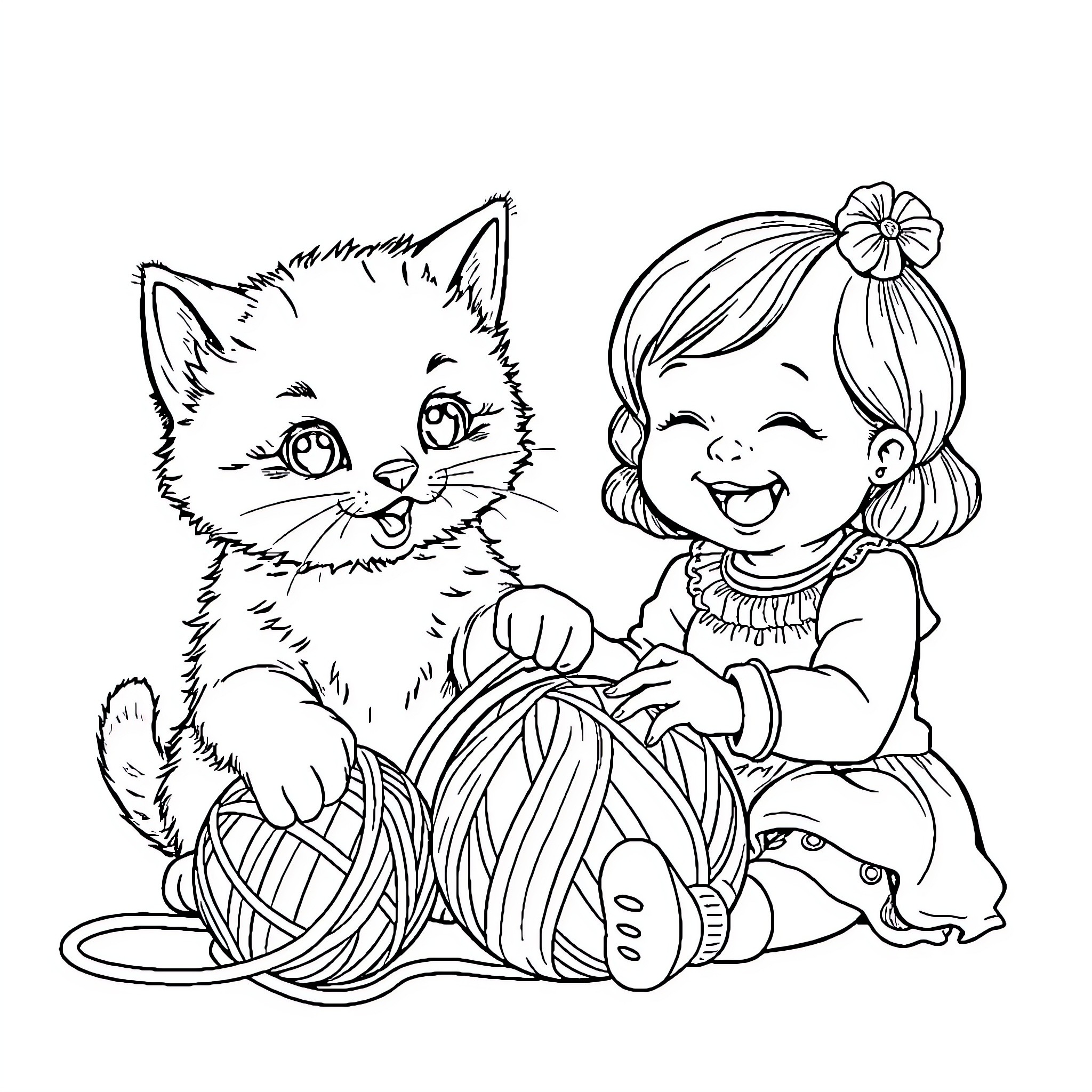 Kitten and Girl Playing with Yarn Coloring Page (free black-and-white line drawing printable PDF for all, from beginners to advanced learners, including children, teens, adults, and seniors)