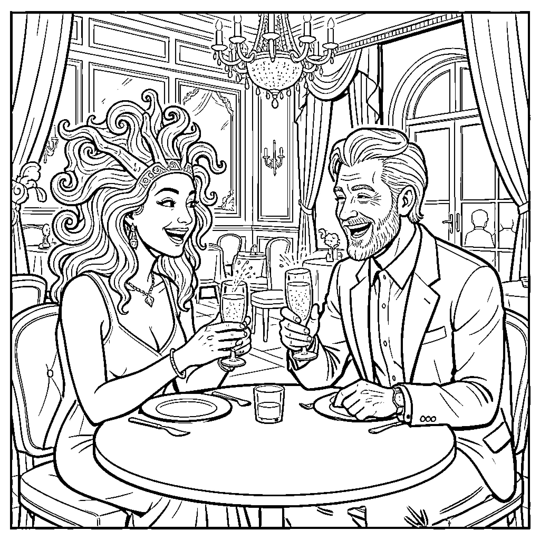 Gorgon woman laughing during a romantic dinner date Coloring Page (free black-and-white line drawing printable PDF for all, from beginners to advanced learners, including children, teens, adults, and seniors)