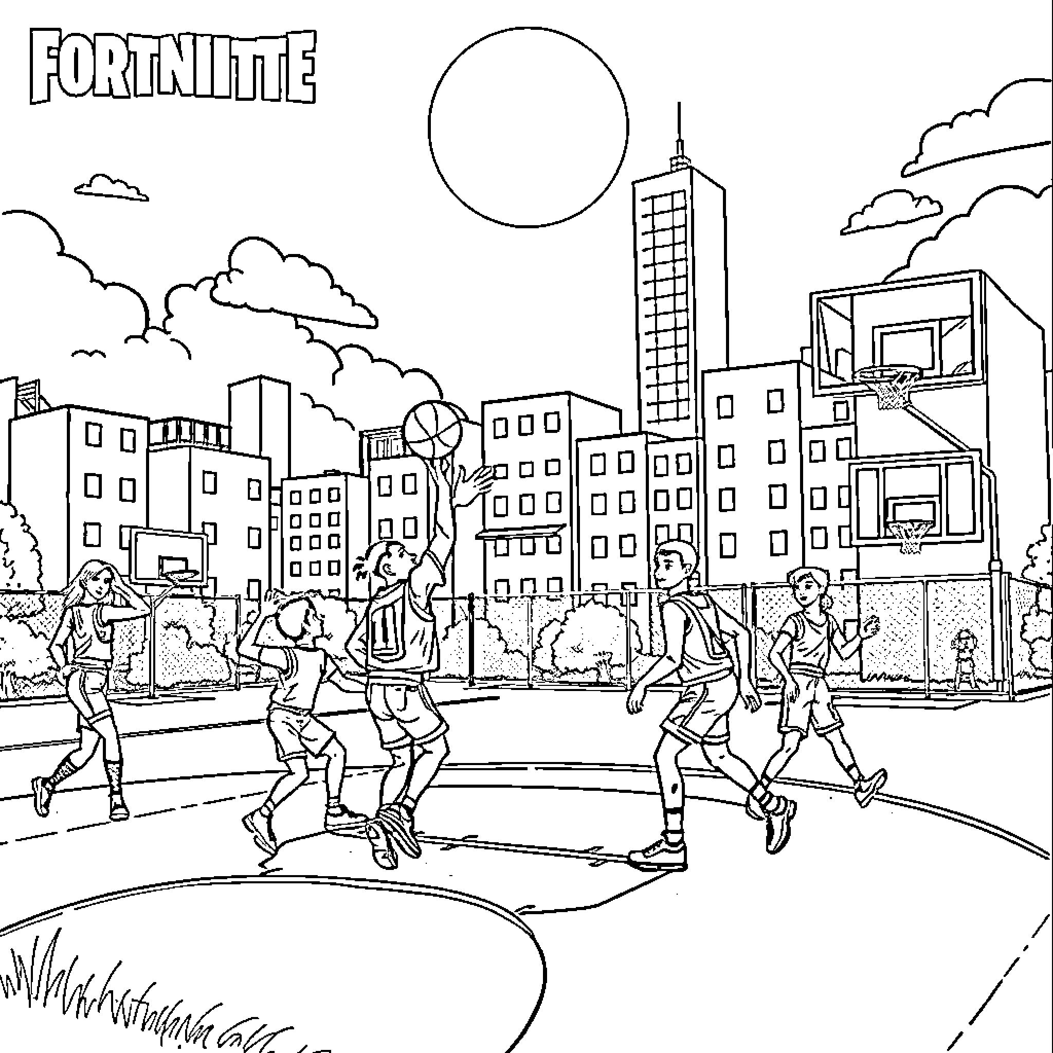 Fortnite characters playing basketball on a city court Coloring Page (free black-and-white line drawing printable PDF for all, from beginners to advanced learners, including children, teens, adults, and seniors)