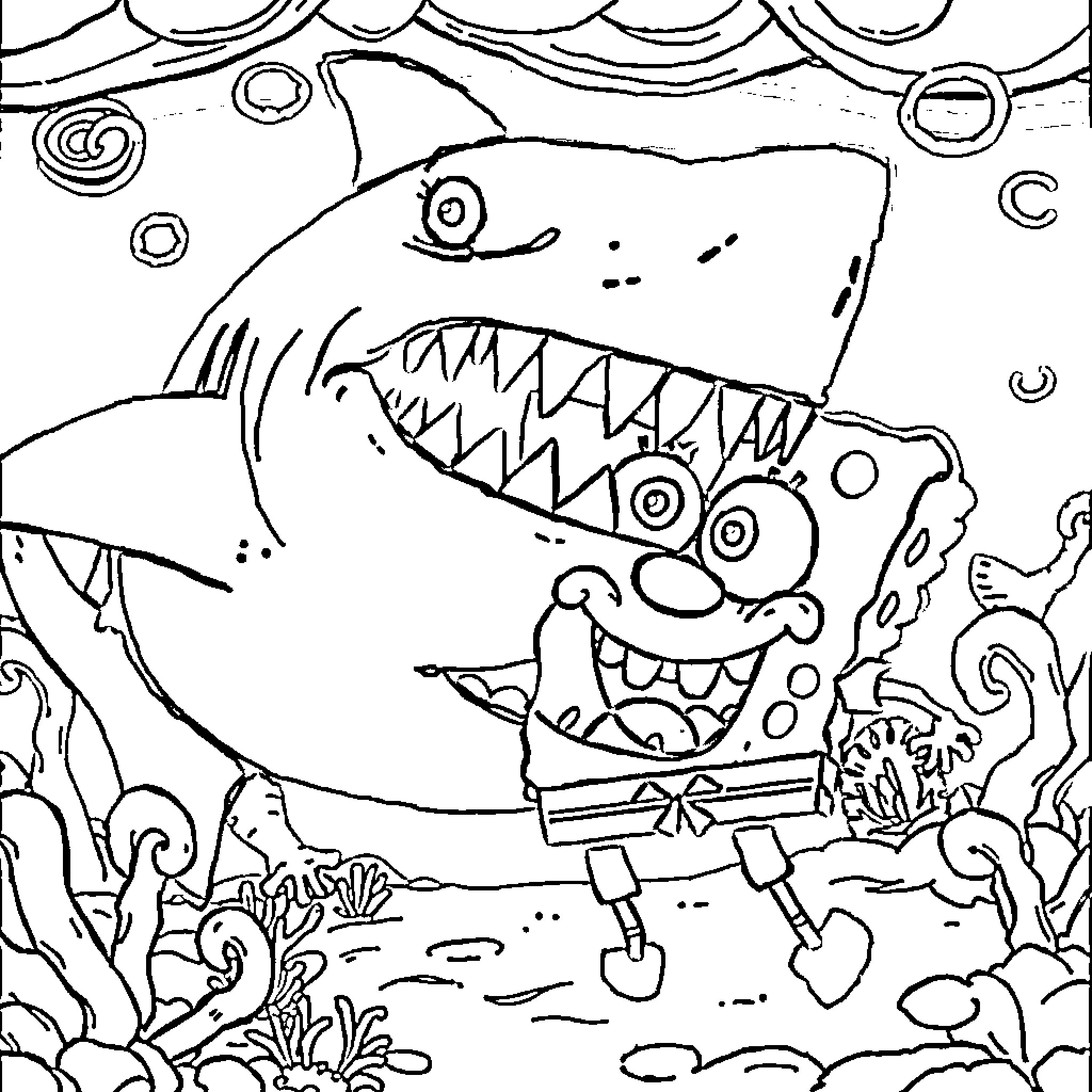 Shark hunting colorful sea creatures Coloring Page (free black-and-white line drawing printable PDF for all, from beginners to advanced learners, including children, teens, adults, and seniors)
