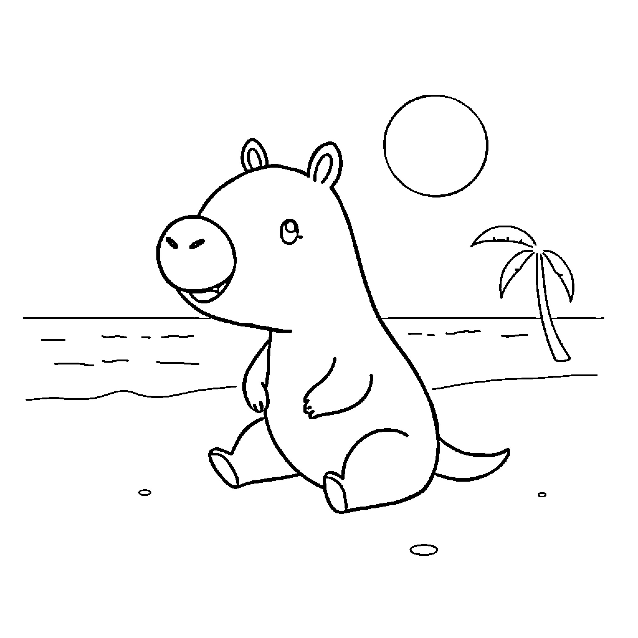 Capybara relaxing on the beach Coloring Page (free black-and-white line drawing printable PDF for all, from beginners to advanced learners, including children, teens, adults, and seniors)