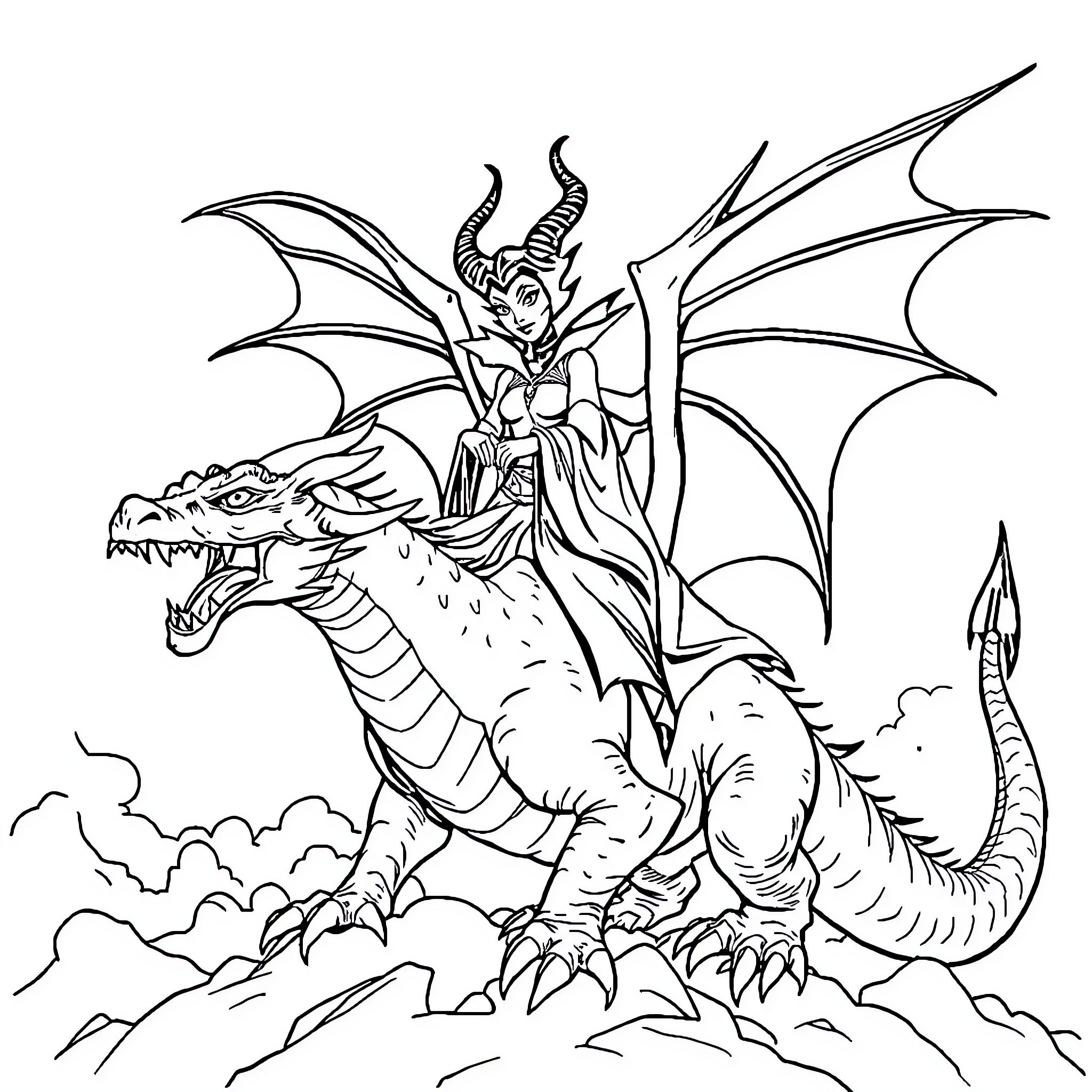 Maleficent riding a fierce dragon through the sky Coloring Page (free black-and-white line drawing printable PDF for all, from beginners to advanced learners, including children, teens, adults, and seniors)