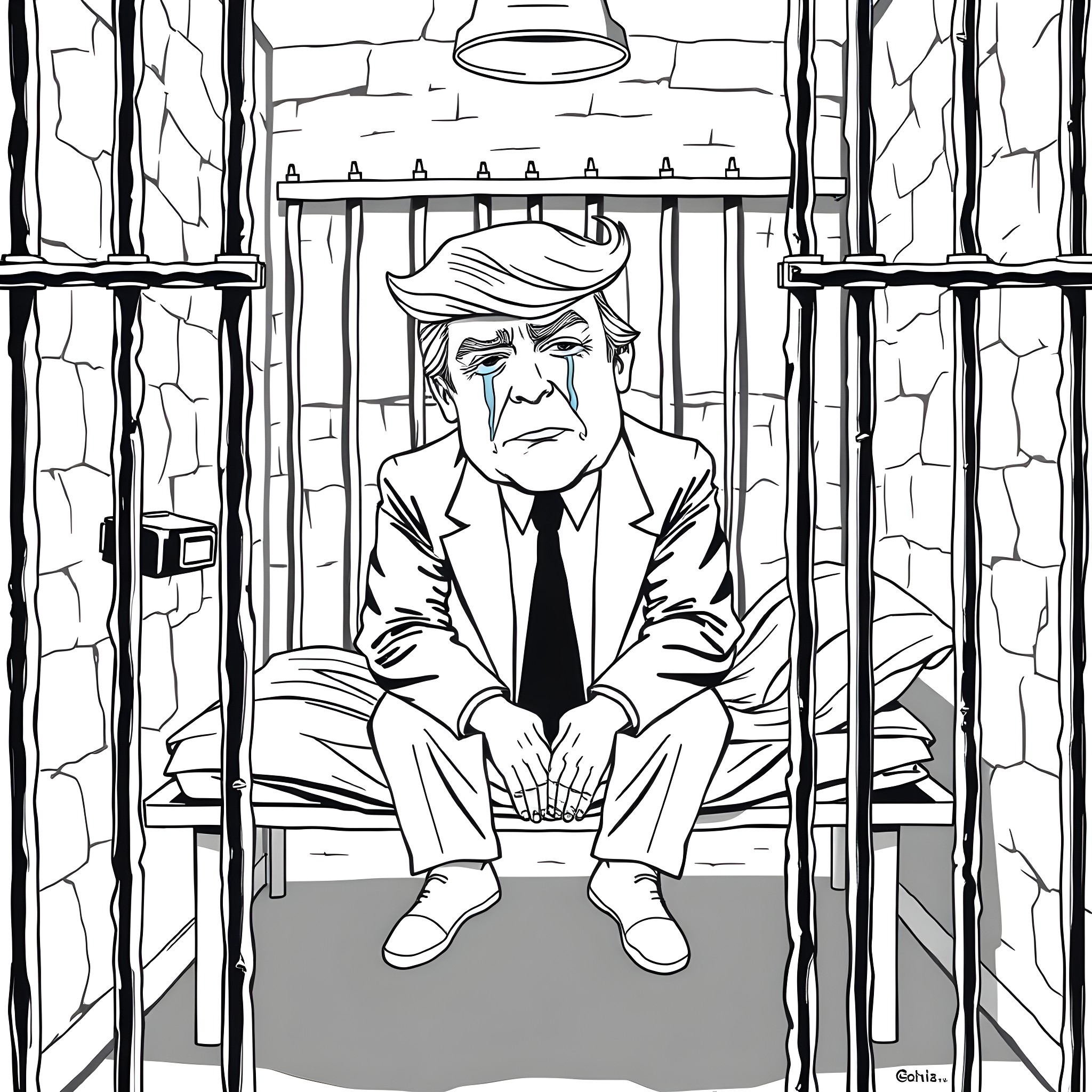 Donald Trump Locked Behind Bars Coloring Page (free black-and-white line drawing printable PDF for all, from beginners to advanced learners, including children, teens, adults, and seniors)