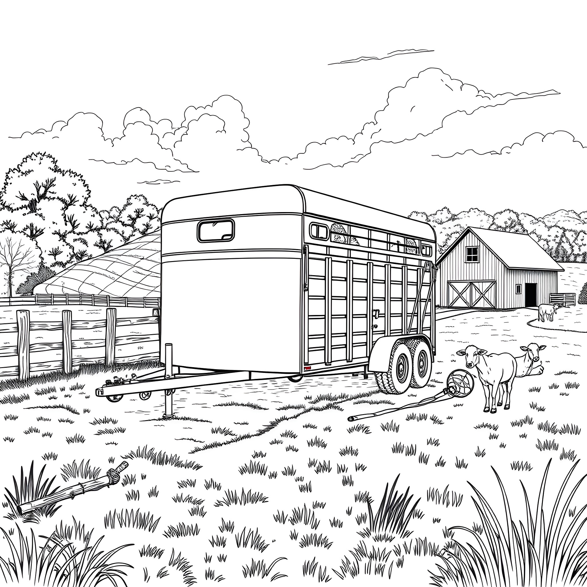 Livestock Trailer on a Farm Landscape Coloring Page (free black-and-white line drawing printable PDF for all, from beginners to advanced learners, including children, teens, adults, and seniors)