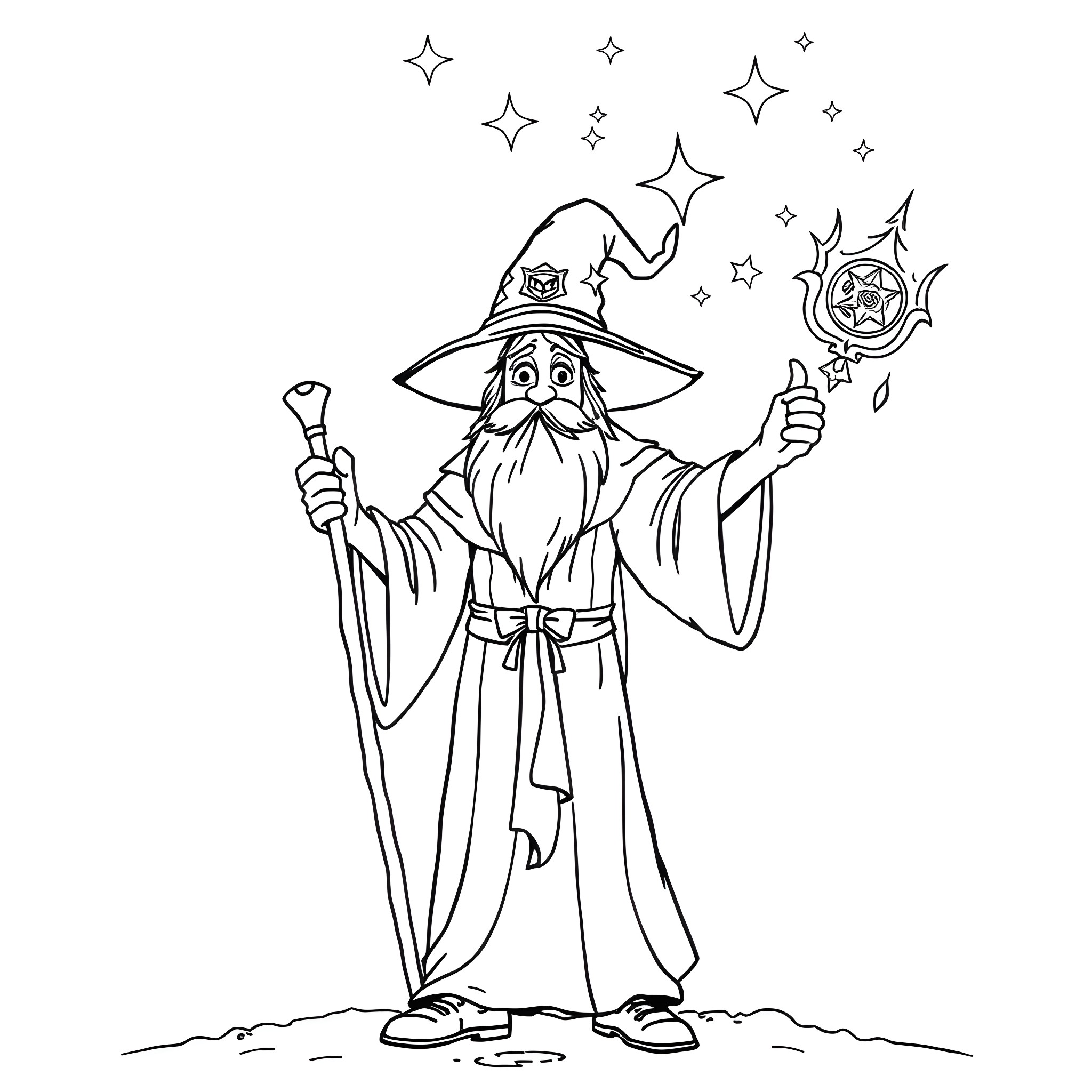 Wizard casting magic spells with wand and stars Coloring Page (free black-and-white line drawing printable PDF for all, from beginners to advanced learners, including children, teens, adults, and seniors)