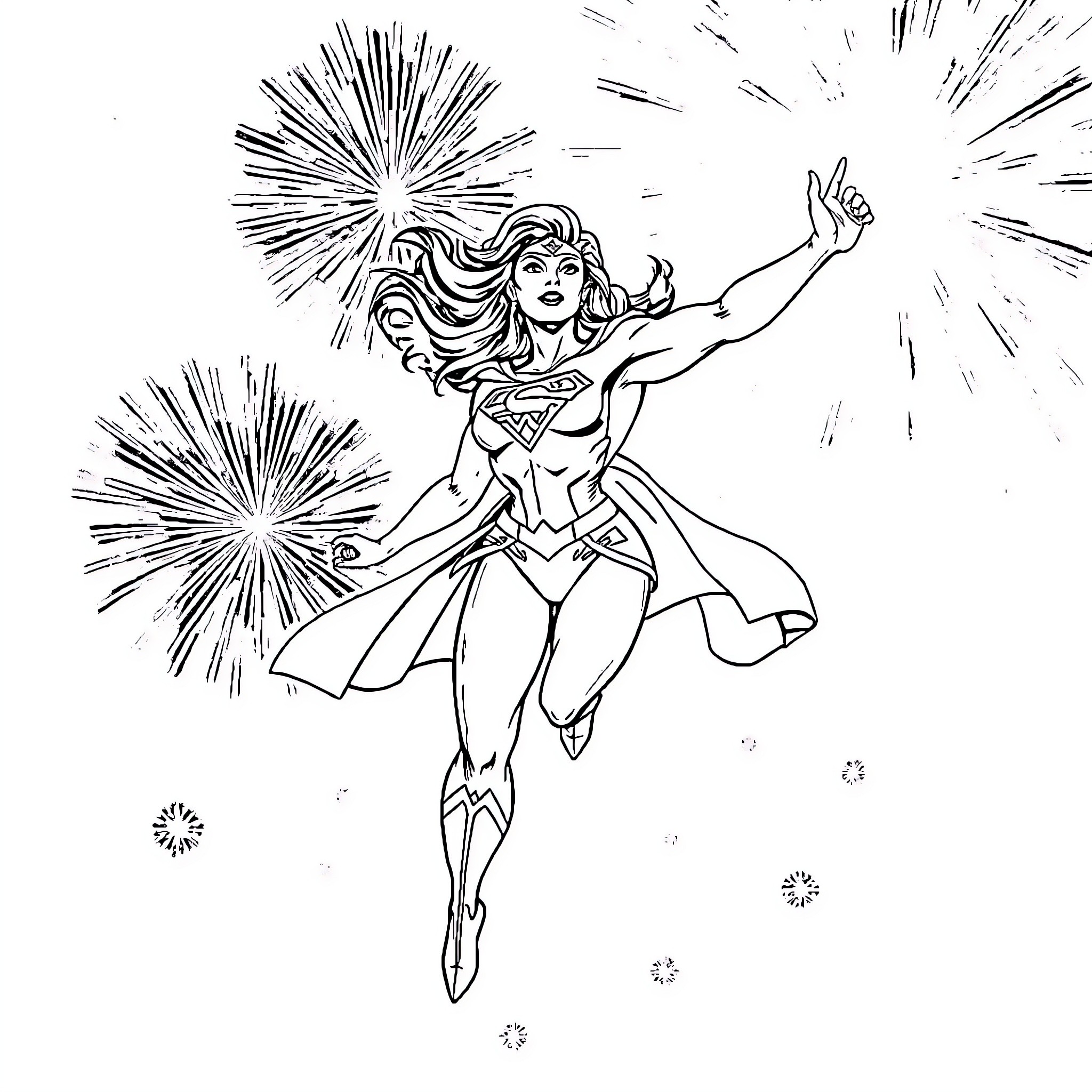 Superwoman Soaring Through Fireworks Celebration Coloring Page (free black-and-white line drawing printable PDF for all, from beginners to advanced learners, including children, teens, adults, and seniors)