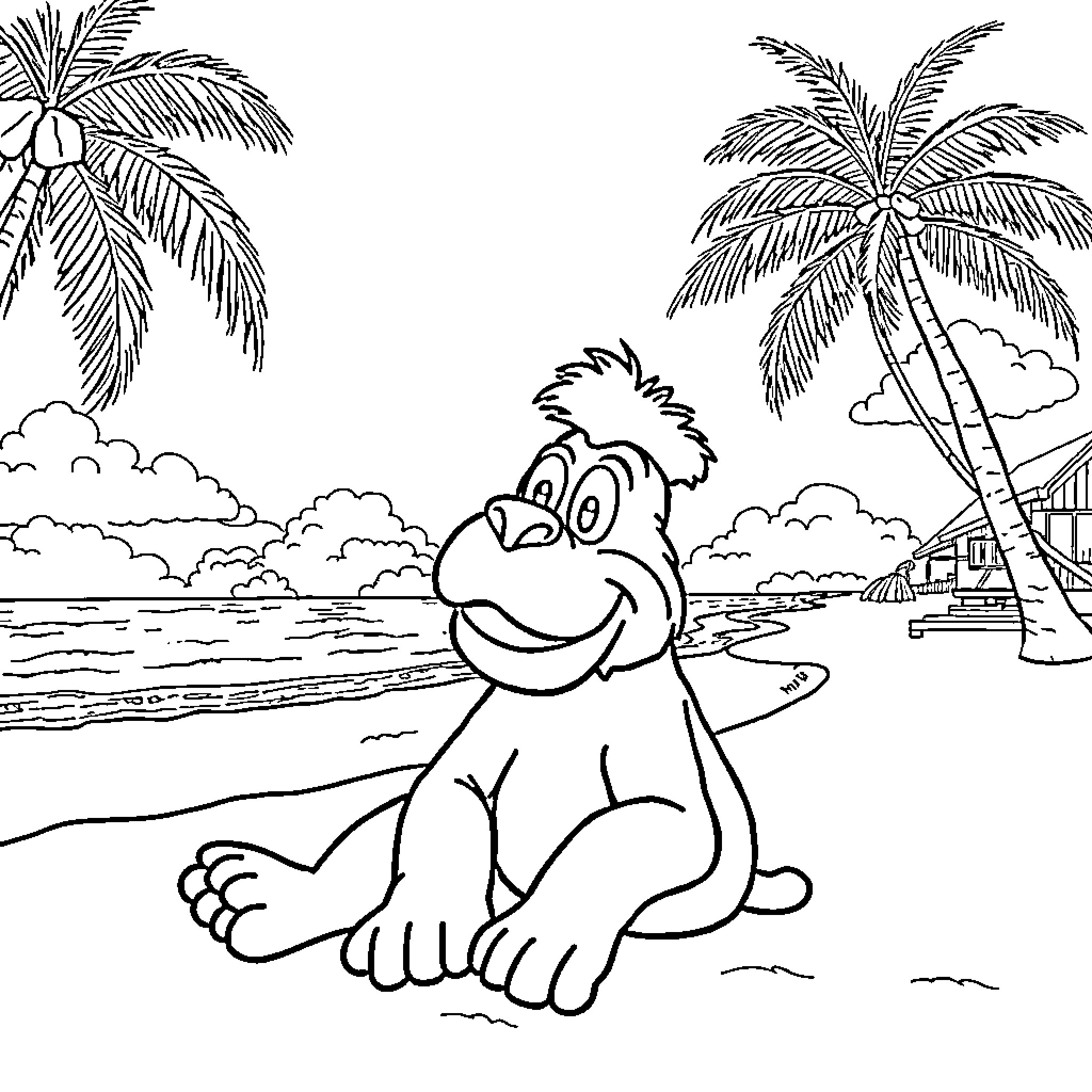 Alf enjoying a day at the beach Coloring Page (free black-and-white line drawing printable PDF for all, from beginners to advanced learners, including children, teens, adults, and seniors)