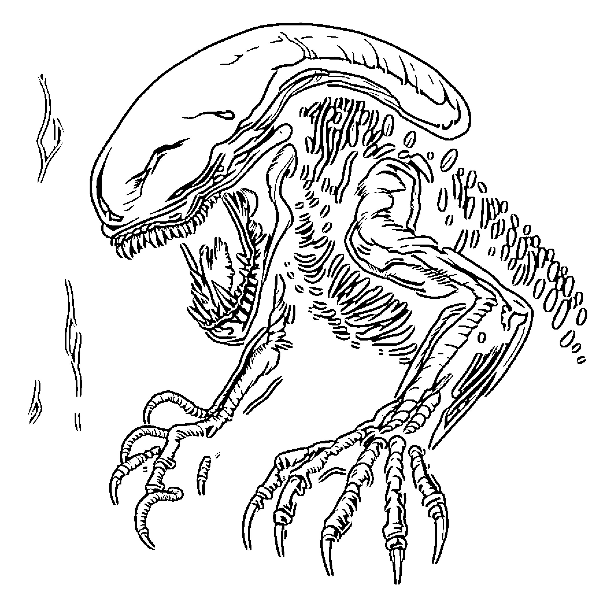 Xenomorph unleashing its ferocious jaws Coloring Page (free black-and-white line drawing printable PDF for all, from beginners to advanced learners, including children, teens, adults, and seniors)