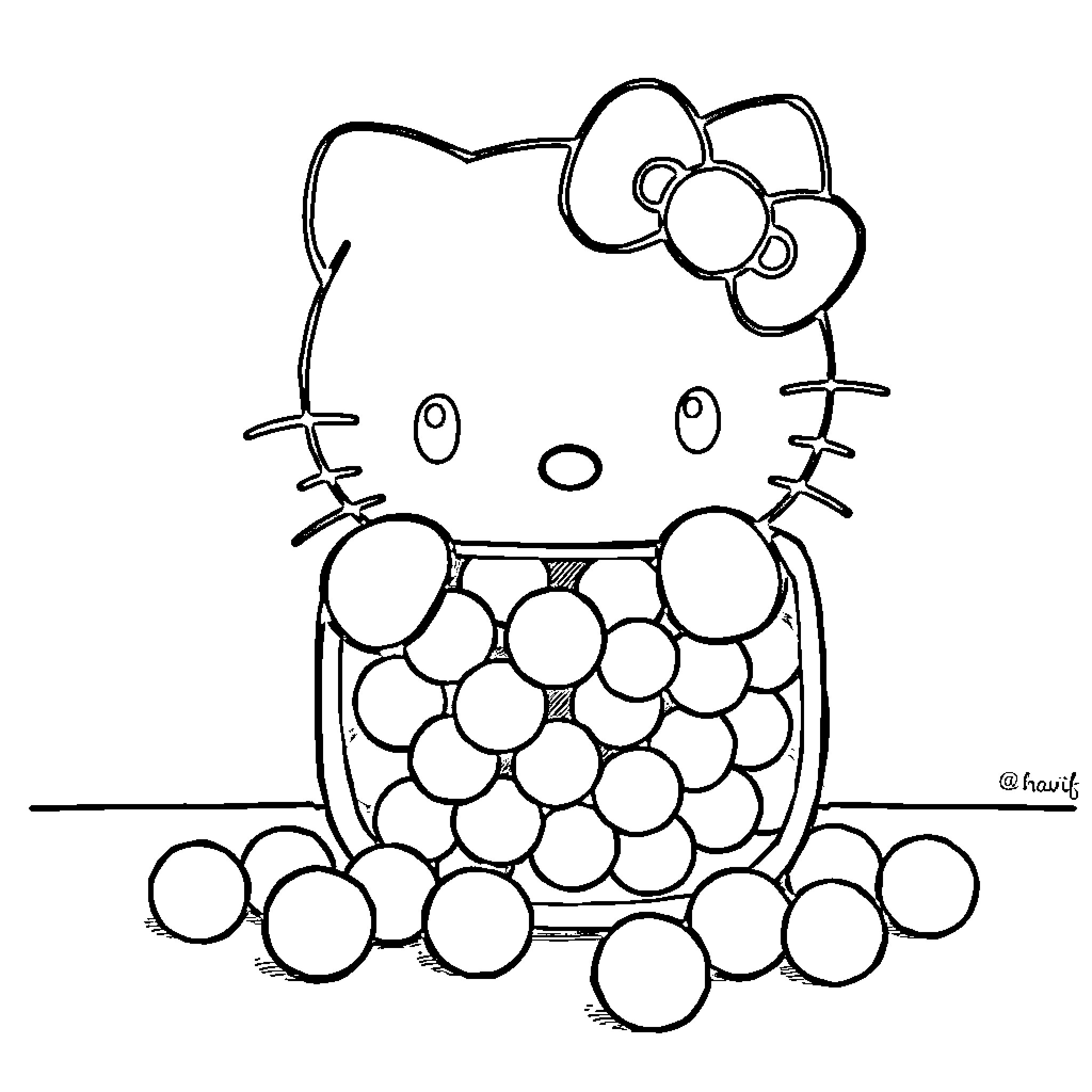 Hello Kitty surrounded by dotted shapes Coloring Page (free black-and-white line drawing printable PDF for all, from beginners to advanced learners, including children, teens, adults, and seniors)