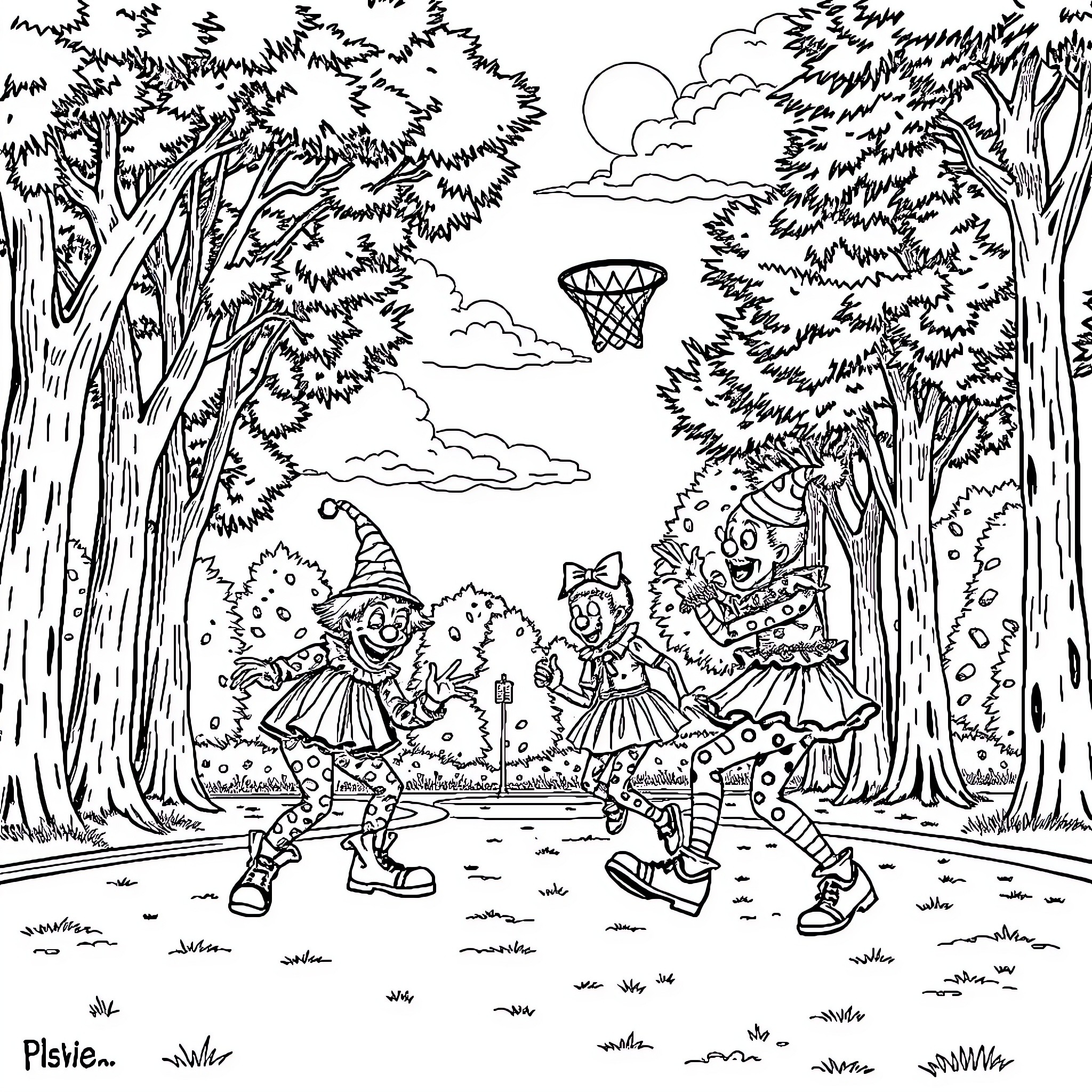 Clowns playing basketball in the magical forest Coloring Page (free black-and-white line drawing printable PDF for all, from beginners to advanced learners, including children, teens, adults, and seniors)