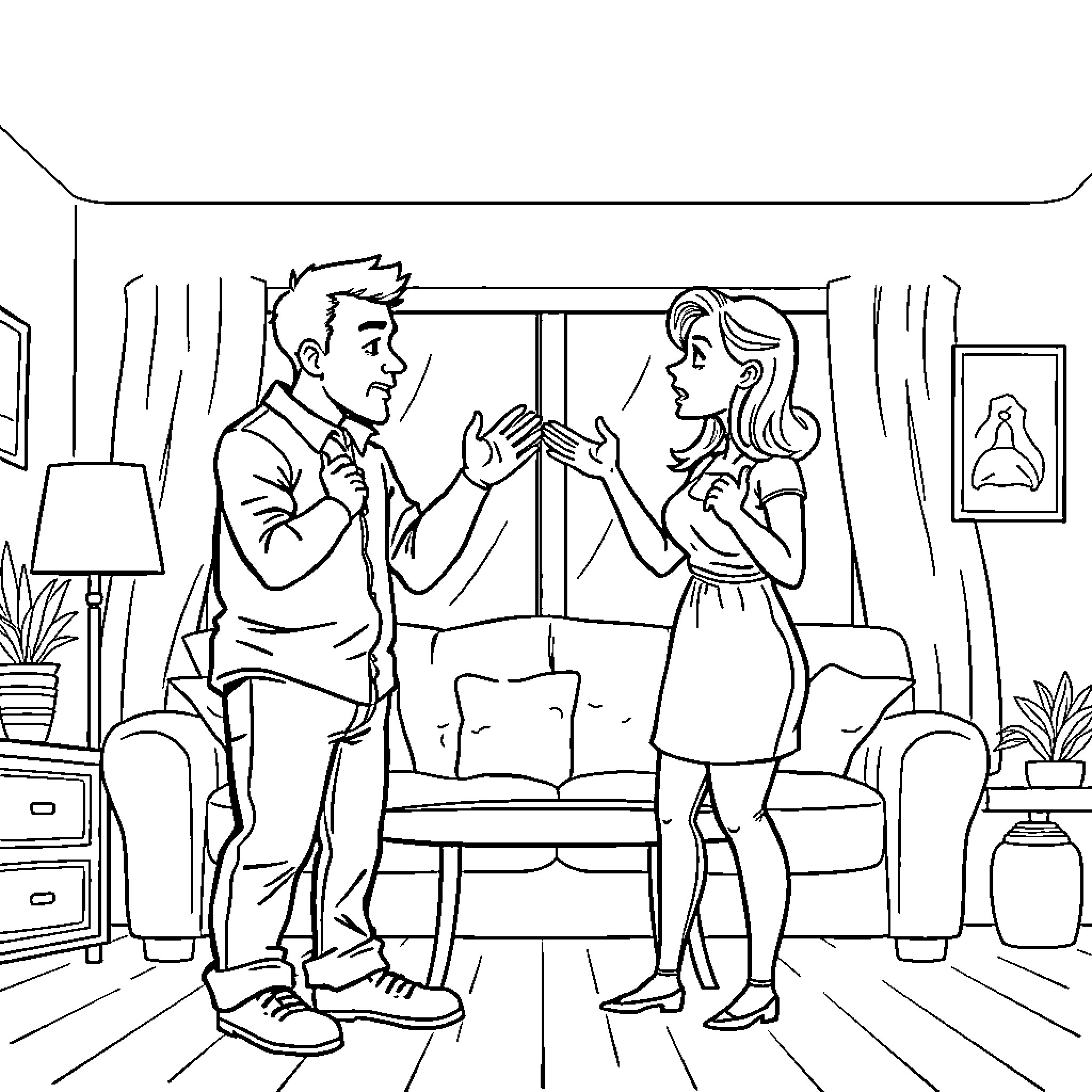 Couple enjoying lively conversation in cozy living room Coloring Page (free black-and-white line drawing printable PDF for all, from beginners to advanced learners, including children, teens, adults, and seniors)