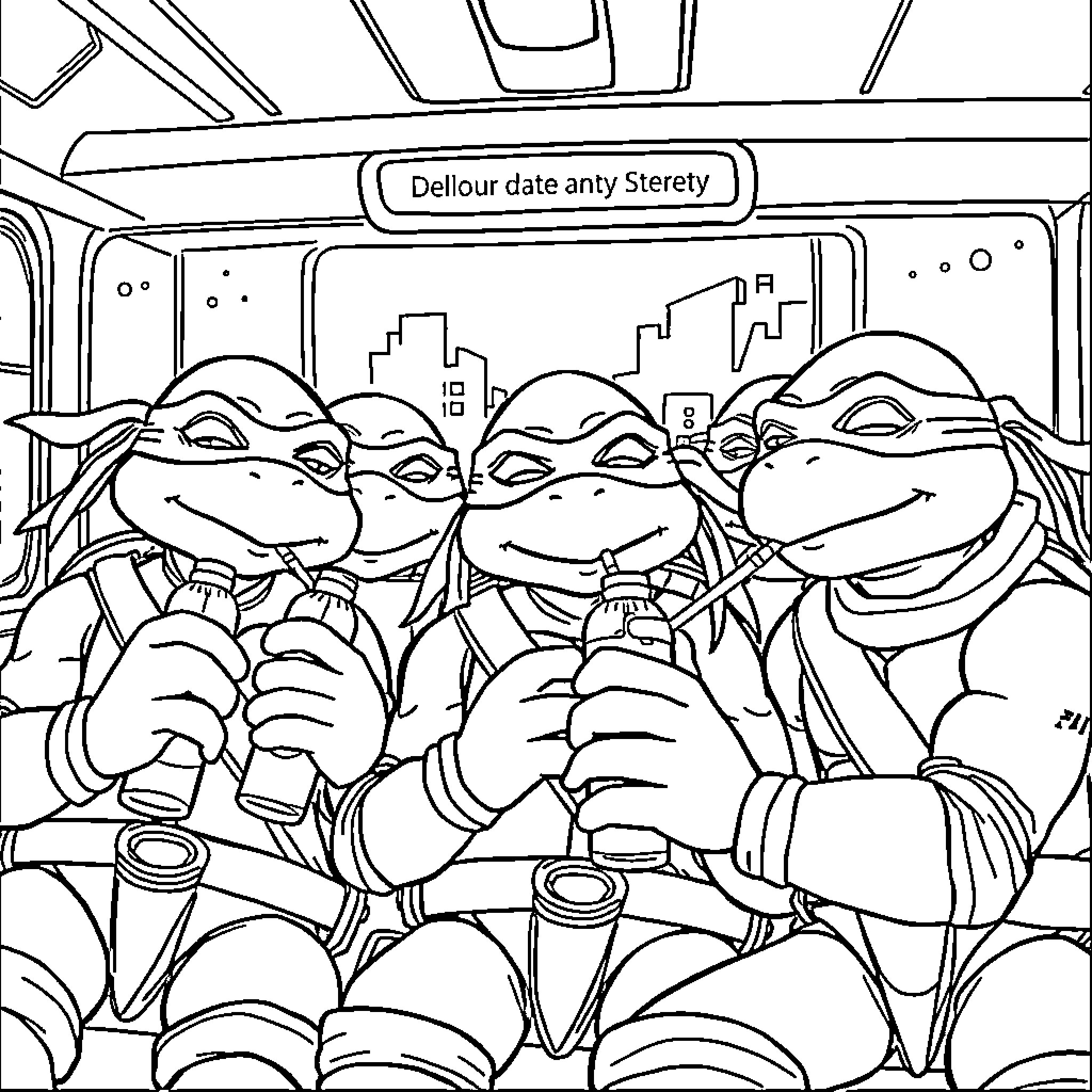 Ninja Turtles hanging out on the city train Coloring Page (free black-and-white line drawing printable PDF for all, from beginners to advanced learners, including children, teens, adults, and seniors)