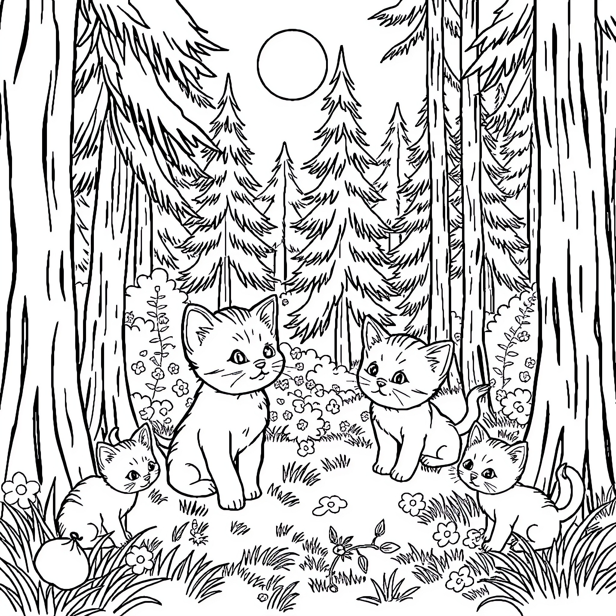 Kittens playing in the enchanted forest Coloring Page (free black-and-white line drawing printable PDF for all, from beginners to advanced learners, including children, teens, adults, and seniors)