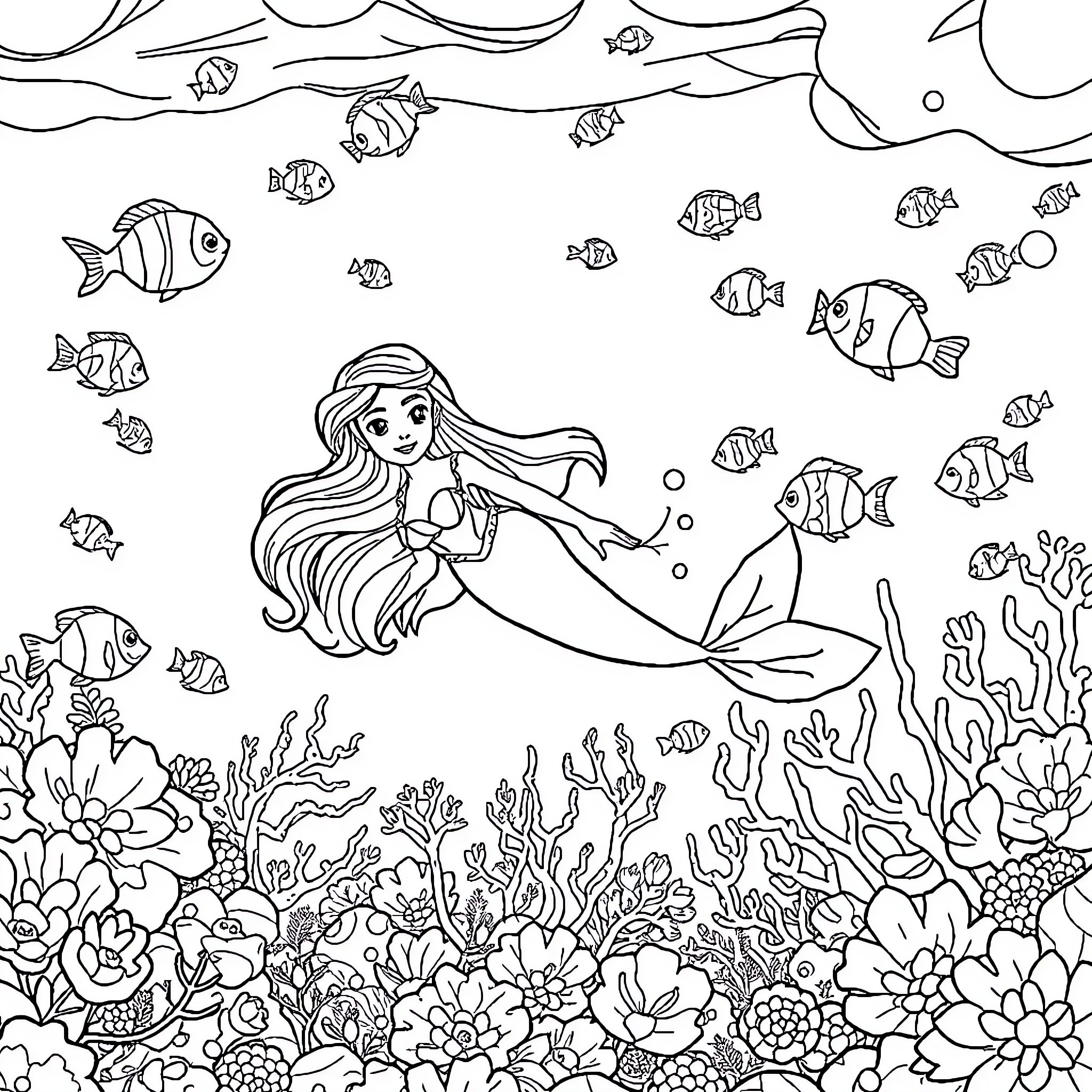 Mermaid exploring the enchanting underwater world Coloring Page (free black-and-white line drawing printable PDF for all, from beginners to advanced learners, including children, teens, adults, and seniors)