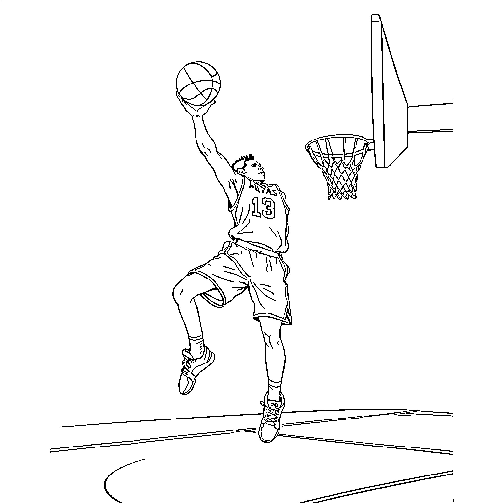 Basketball Player Dunking the Ball Coloring Page (free black-and-white line drawing printable PDF for all, from beginners to advanced learners, including children, teens, adults, and seniors)