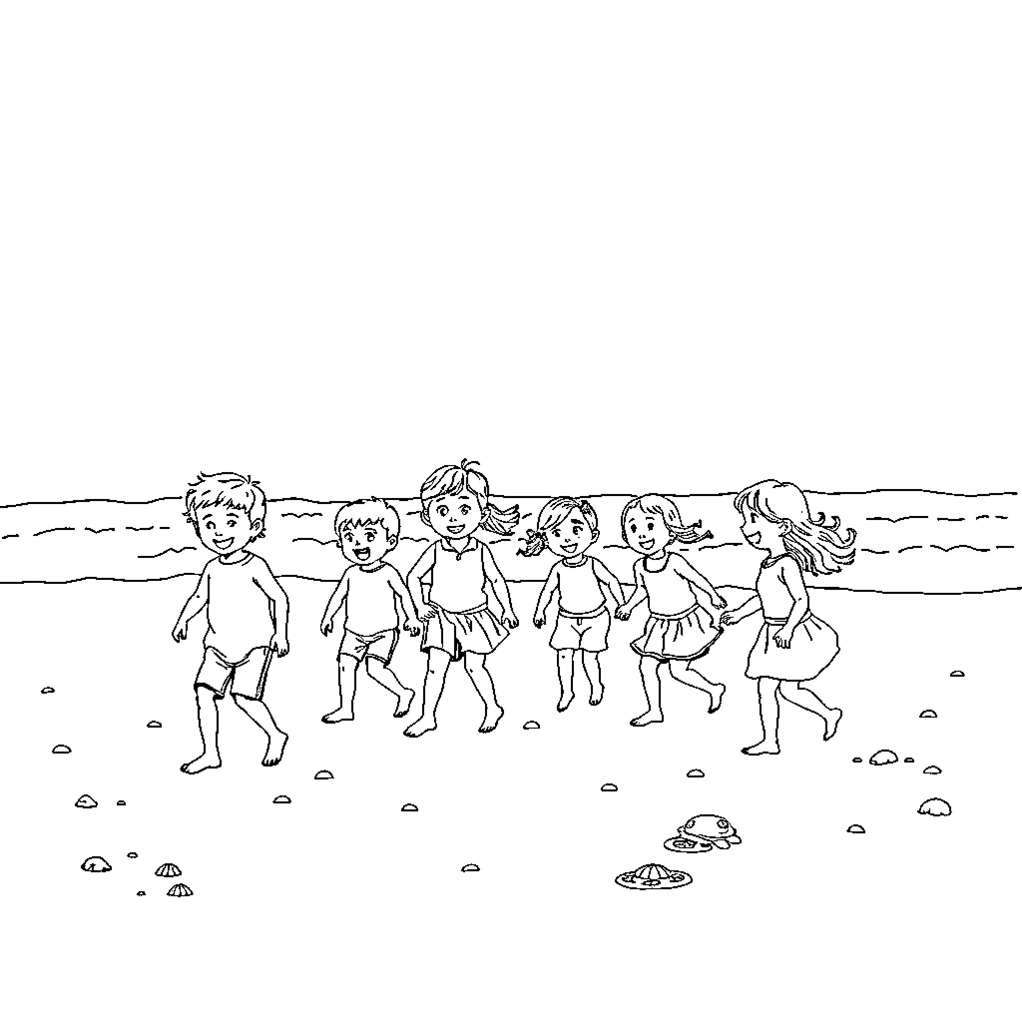 Children playing joyfully on the beach Coloring Page (free black-and-white line drawing printable PDF for all, from beginners to advanced learners, including children, teens, adults, and seniors)