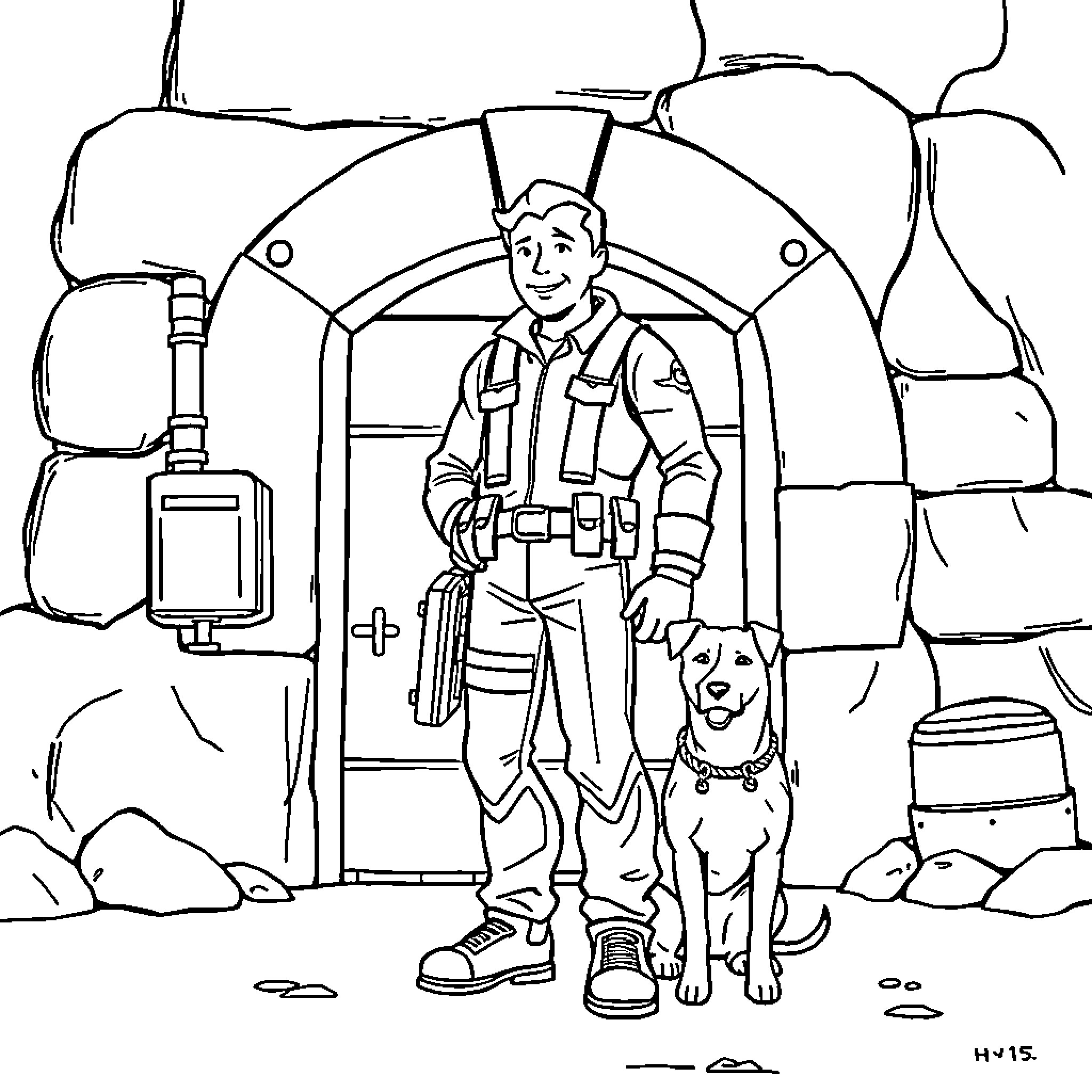 Vault Dweller exploring the wasteland with his loyal dog companion Coloring Page (free black-and-white line drawing printable PDF for all, from beginners to advanced learners, including children, teens, adults, and seniors)