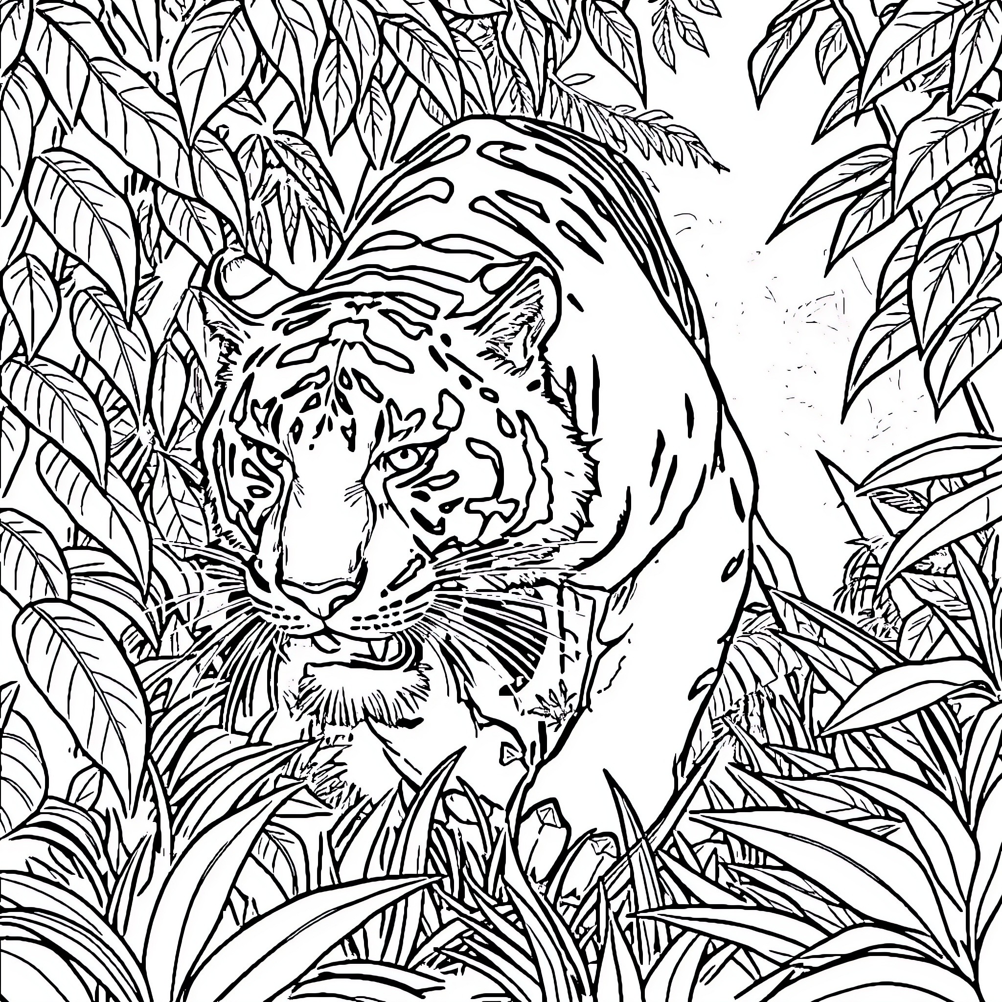 Tiger Roaming Amidst Lush Foliage Coloring Page (free black-and-white line drawing printable PDF for all, from beginners to advanced learners, including children, teens, adults, and seniors)