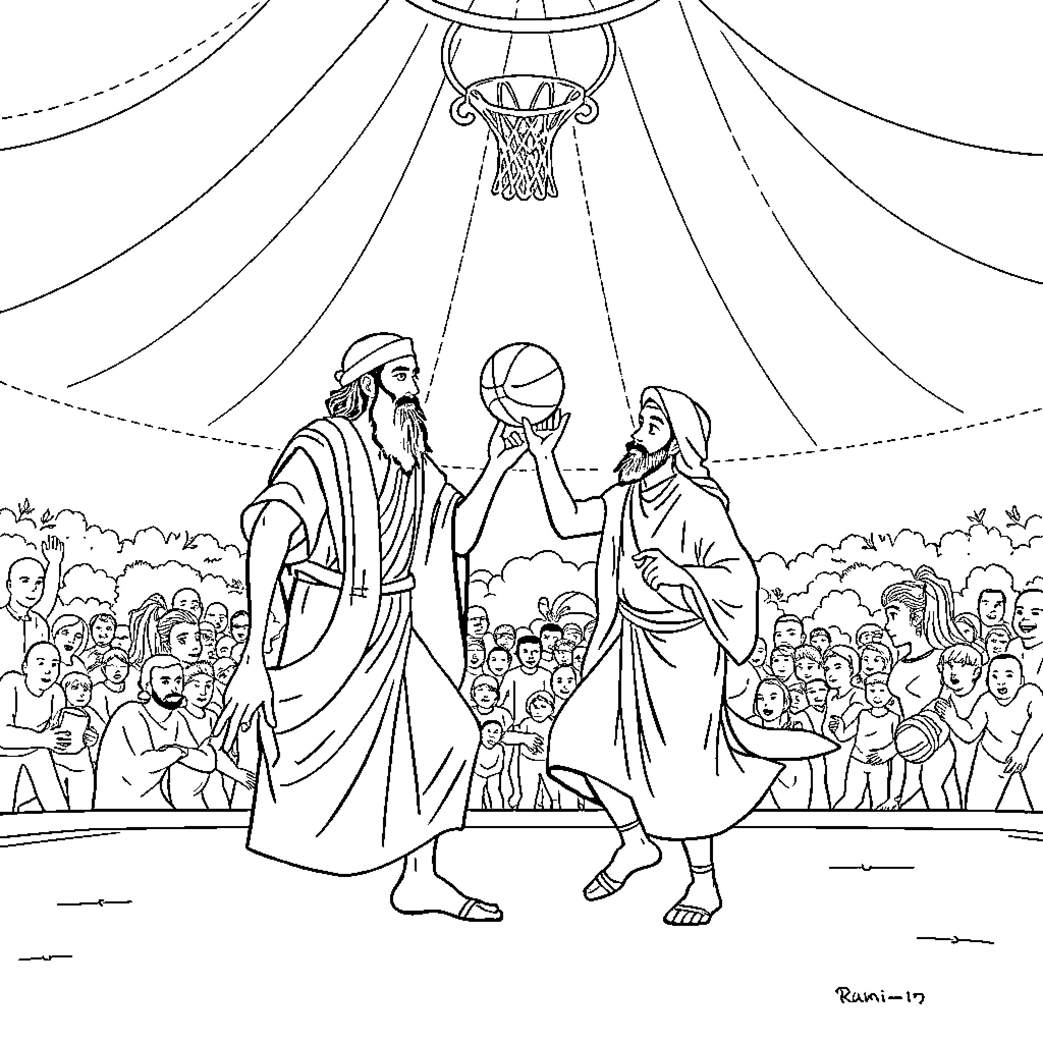 Rumi's Basketball Challenge in the Courtyard Coloring Page (free black-and-white line drawing printable PDF for all, from beginners to advanced learners, including children, teens, adults, and seniors)