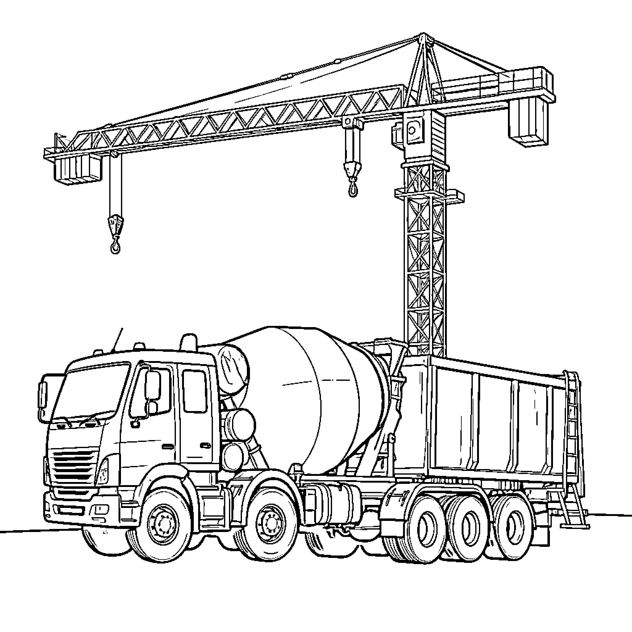 Concrete Mixer Truck parked near a tall construction crane Coloring Page (free black-and-white line drawing printable PDF for all, from beginners to advanced learners, including children, teens, adults, and seniors)