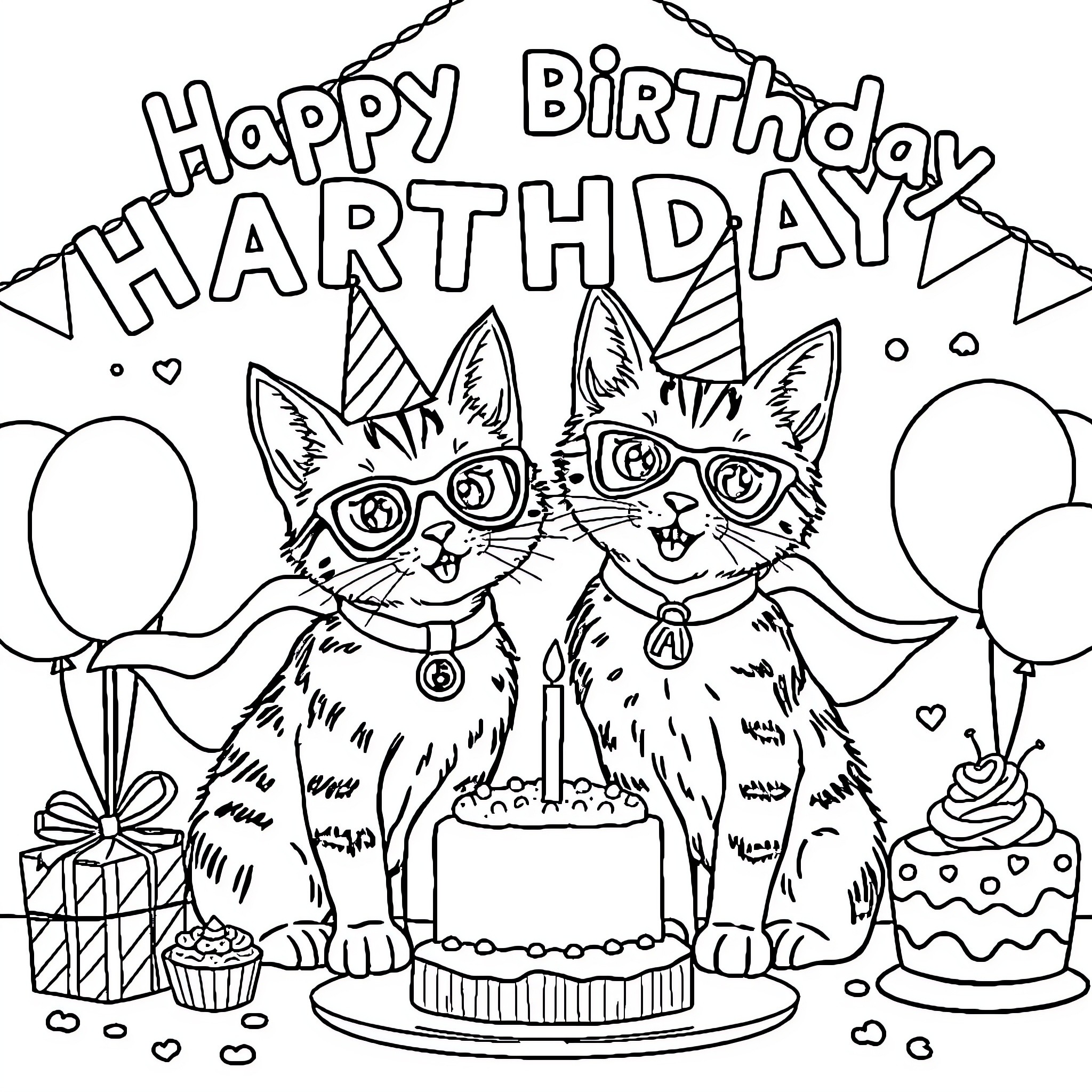 Kitty's Happy Birthday Party Coloring Page (free black-and-white line drawing printable PDF for all, from beginners to advanced learners, including children, teens, adults, and seniors)