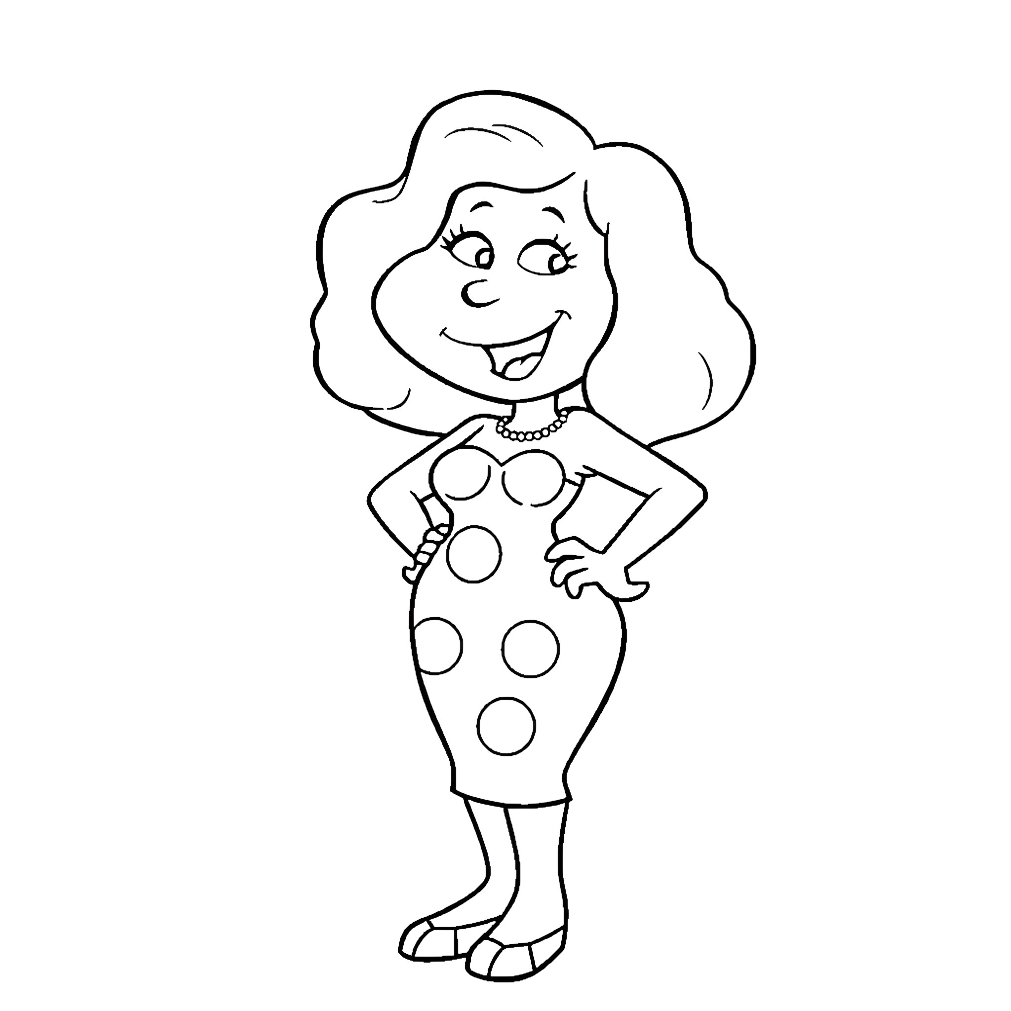 Lois Griffin in polka dot dress and happy expression Coloring Page (free black-and-white line drawing printable PDF for all, from beginners to advanced learners, including children, teens, adults, and seniors)