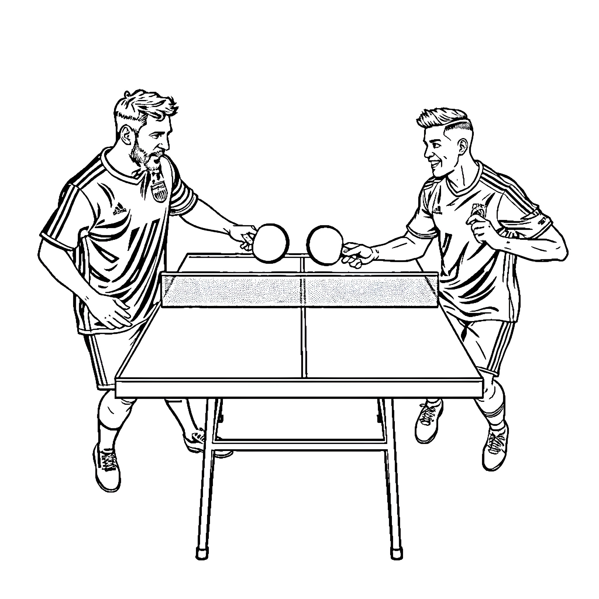 Messi playing table tennis with opponent Coloring Page (free black-and-white line drawing printable PDF for all, from beginners to advanced learners, including children, teens, adults, and seniors)