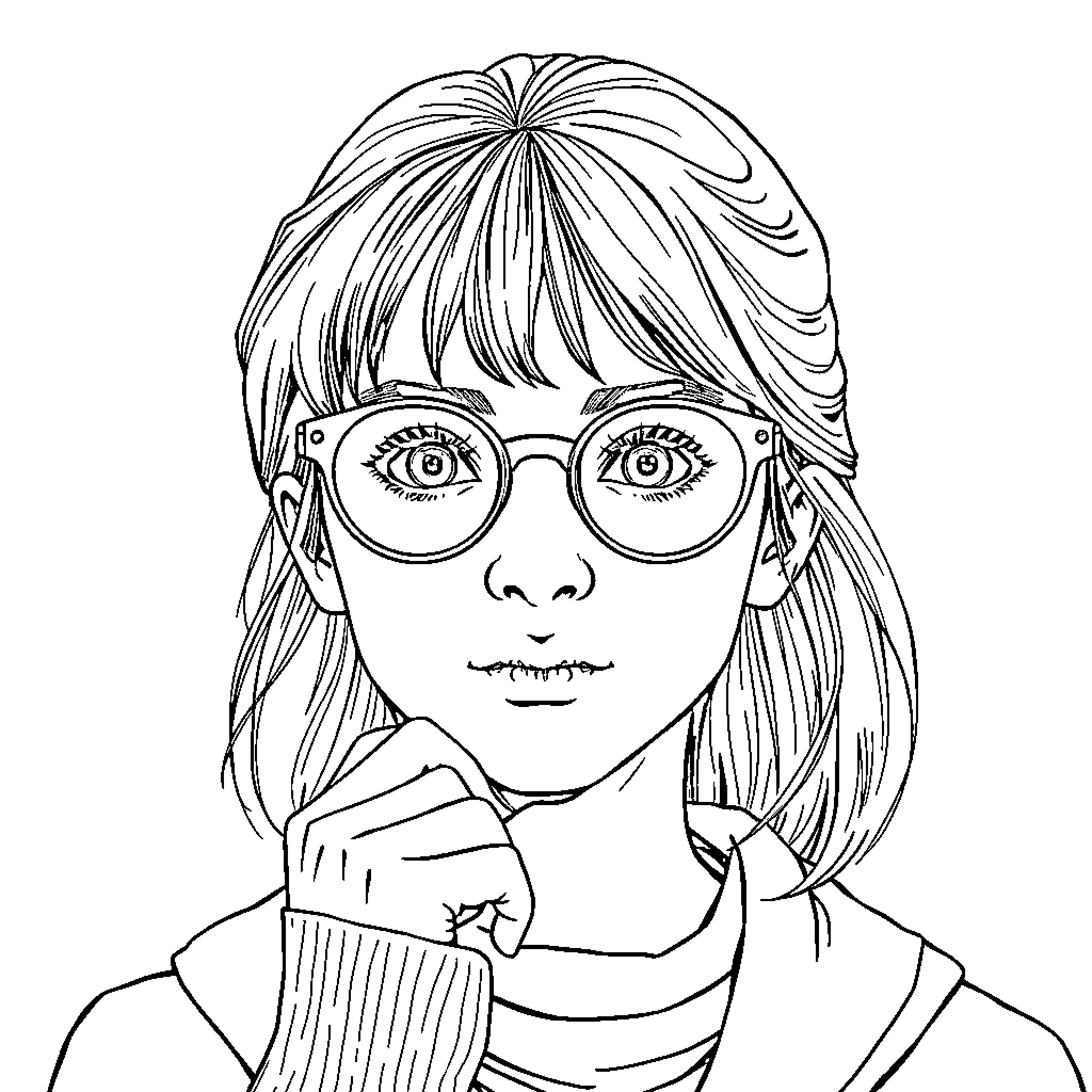 Hermione Granger contemplating with glasses Coloring Page (free black-and-white line drawing printable PDF for all, from beginners to advanced learners, including children, teens, adults, and seniors)