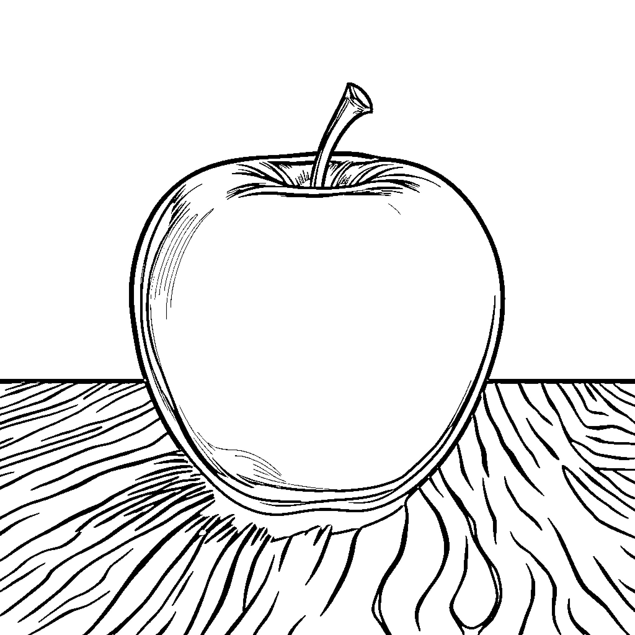 Apple on a Wooden Surface Coloring Page (free black-and-white line drawing printable PDF for all, from beginners to advanced learners, including children, teens, adults, and seniors)