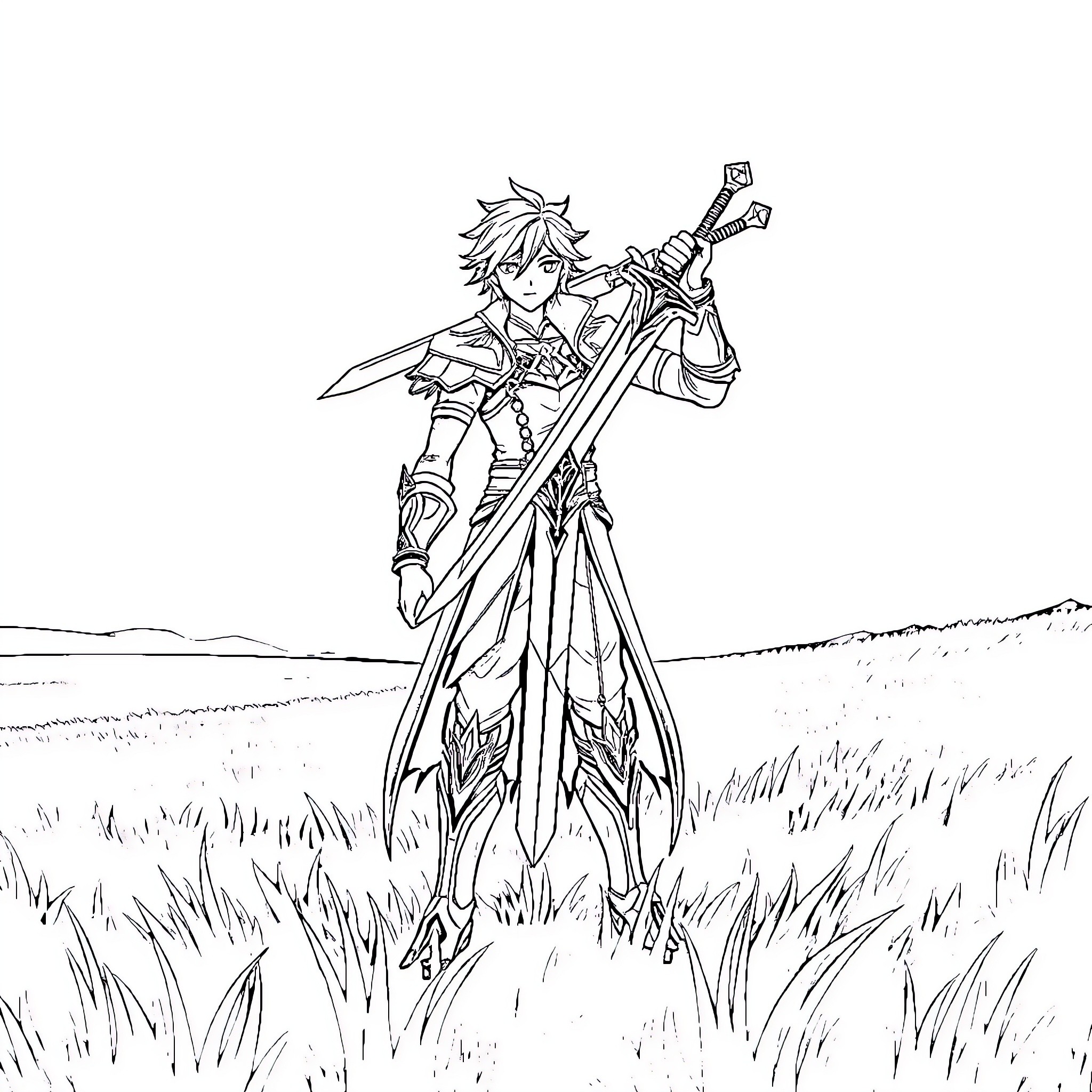 Alucard's Heroic Stance in the Verdant Field Coloring Page (free black-and-white line drawing printable PDF for all, from beginners to advanced learners, including children, teens, adults, and seniors)