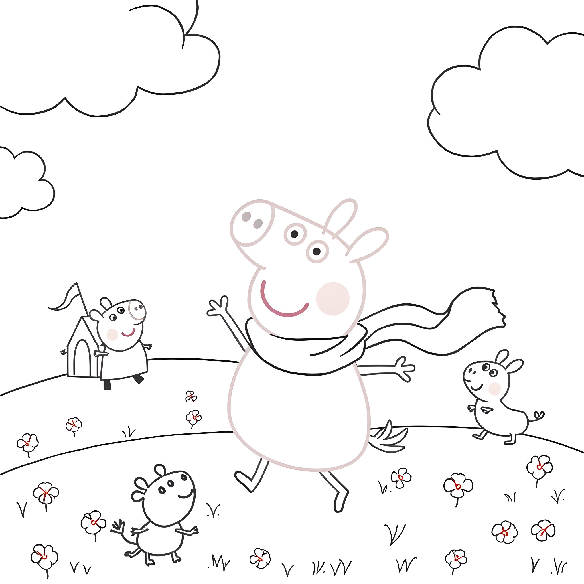 Peppa Pig enjoying a playful day with friends Coloring Page (free black-and-white line drawing printable PDF for all, from beginners to advanced learners, including children, teens, adults, and seniors)