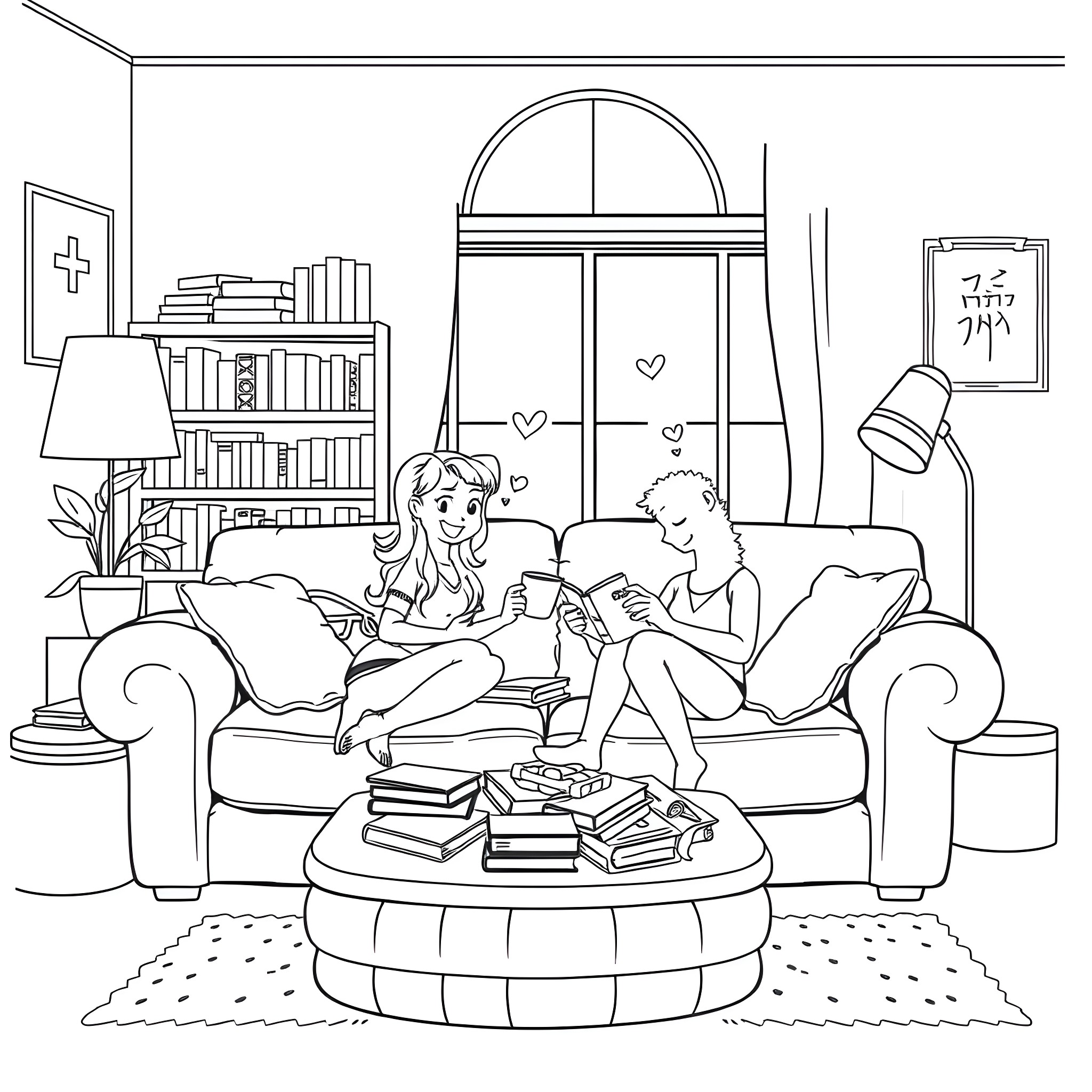 Katie enjoying a cozy day with her friend Coloring Page (free black-and-white line drawing printable PDF for all, from beginners to advanced learners, including children, teens, adults, and seniors)