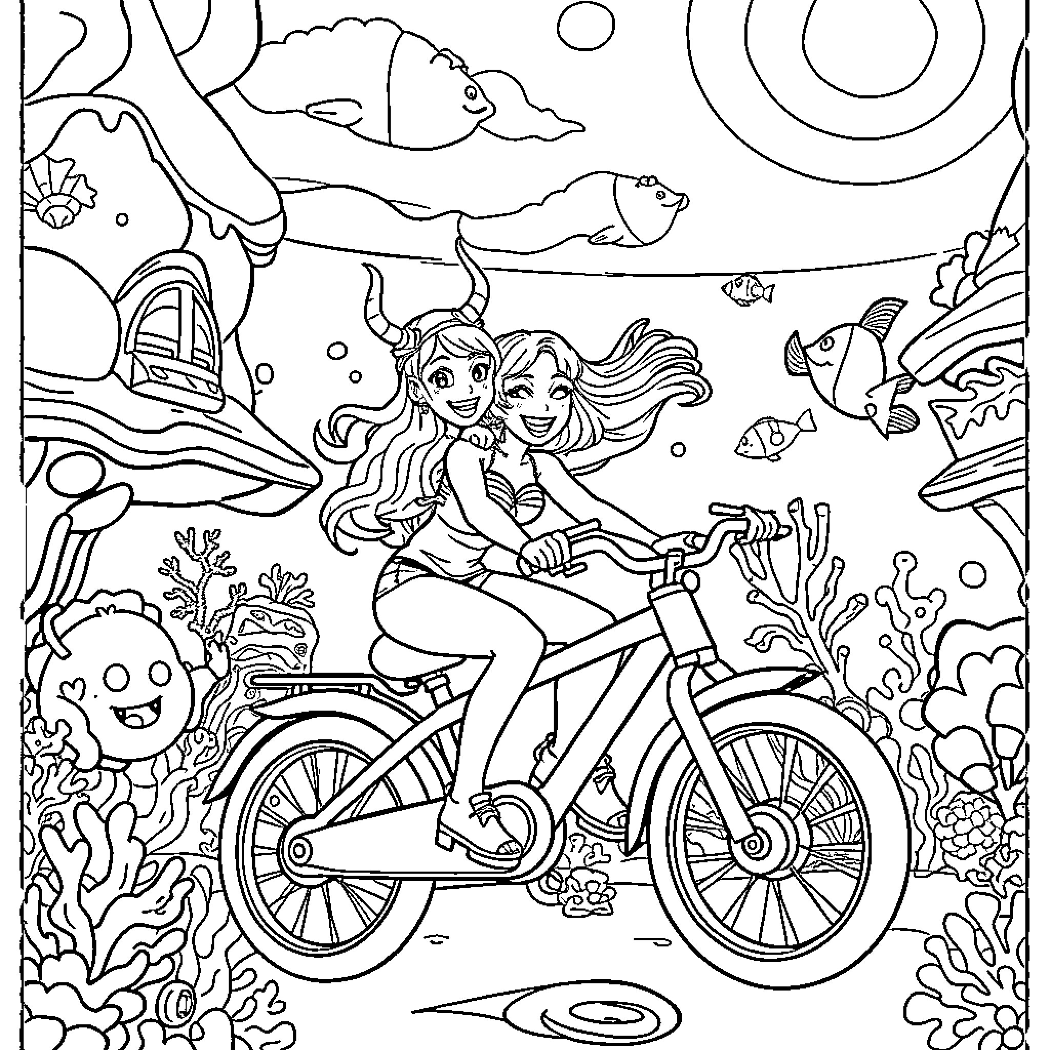 Kpop Demon Hunter Duo Riding Bicycle in Underwater Fantasy Coloring Page (free black-and-white line drawing printable PDF for all, from beginners to advanced learners, including children, teens, adults, and seniors)