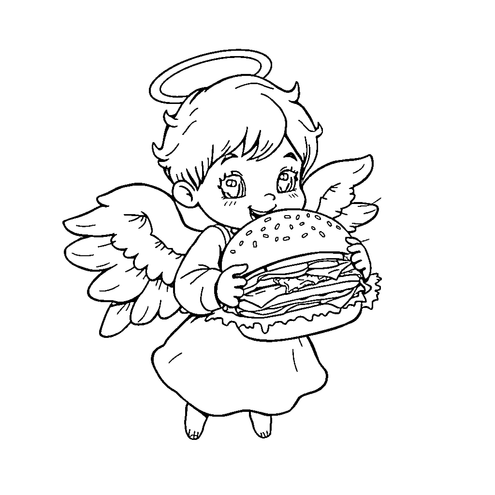Angel carrying a delicious hamburger Coloring Page (free black-and-white line drawing printable PDF for all, from beginners to advanced learners, including children, teens, adults, and seniors)