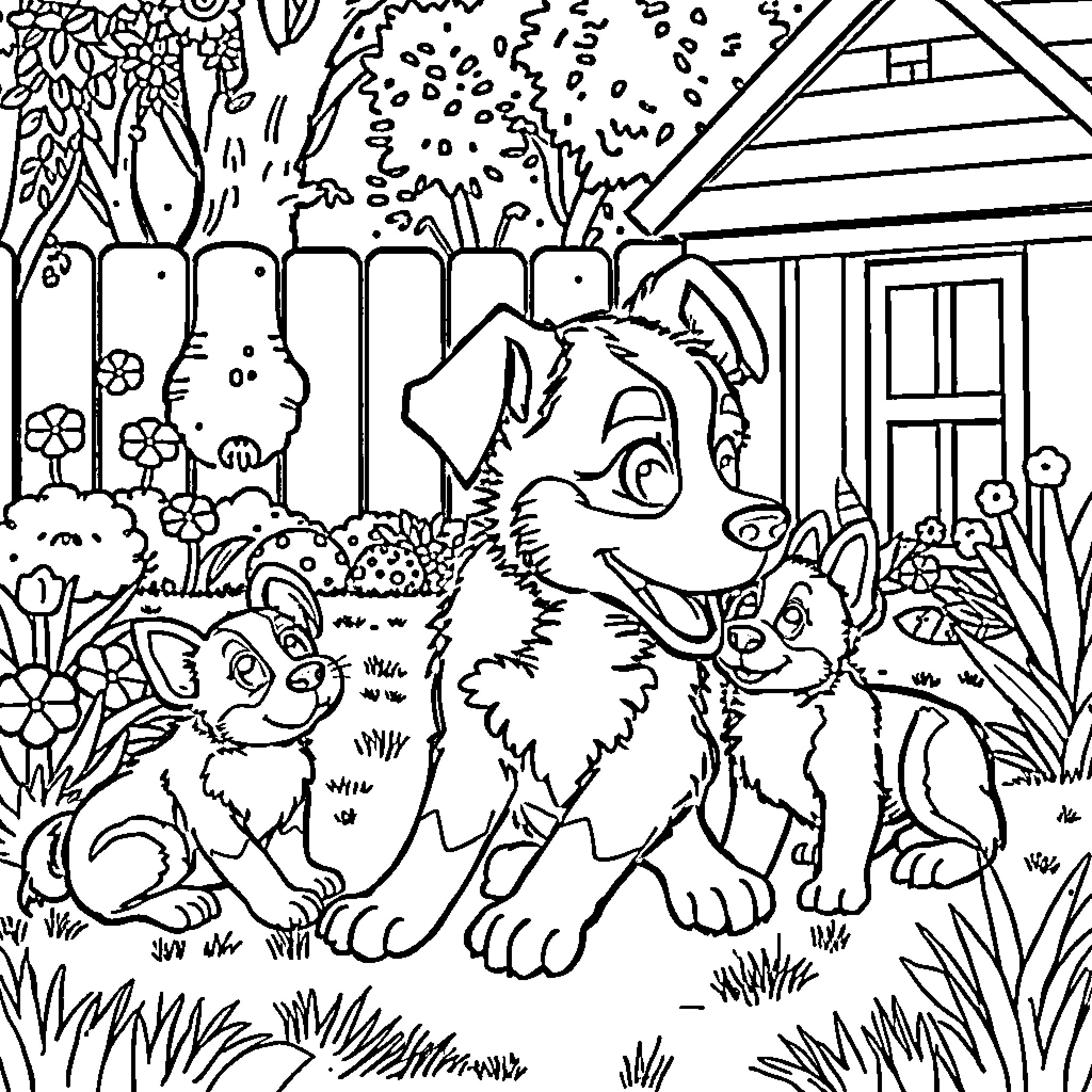 Bluey and friends explore the backyard Coloring Page (free black-and-white line drawing printable PDF for all, from beginners to advanced learners, including children, teens, adults, and seniors)