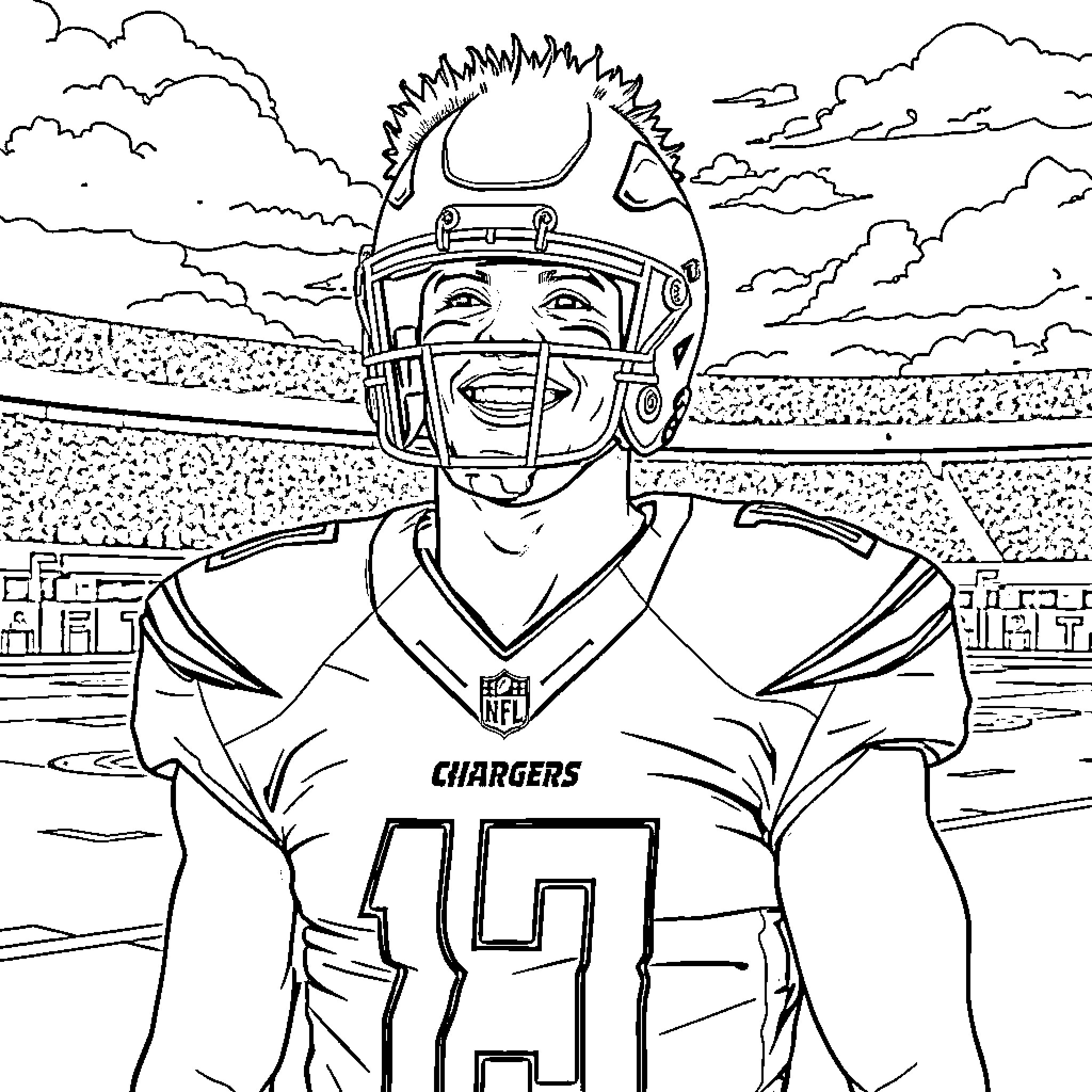 Fernando Tatis playing football in the stadium Coloring Page (free black-and-white line drawing printable PDF for all, from beginners to advanced learners, including children, teens, adults, and seniors)