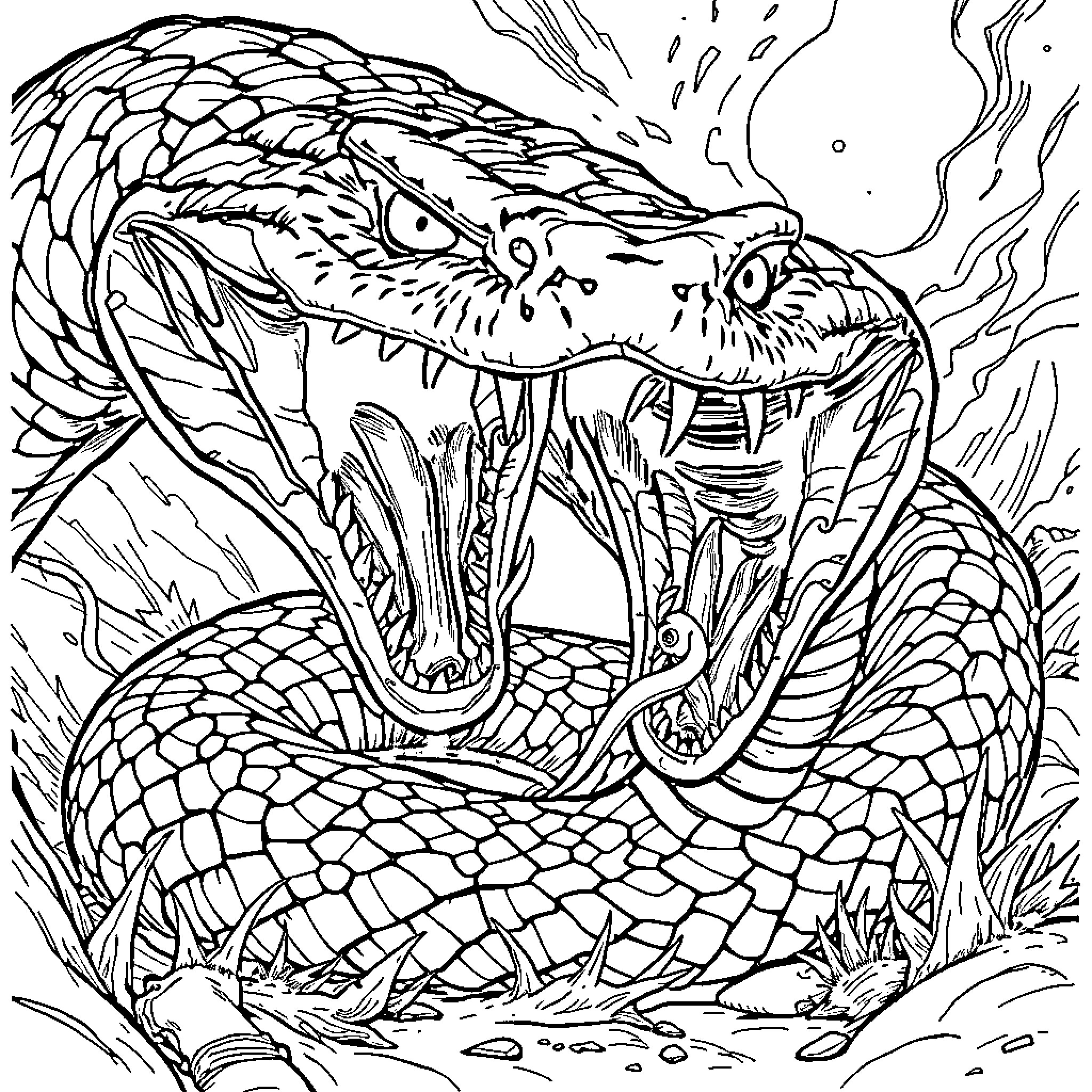 Snake coiled and ready to strike Coloring Page (free black-and-white line drawing printable PDF for all, from beginners to advanced learners, including children, teens, adults, and seniors)