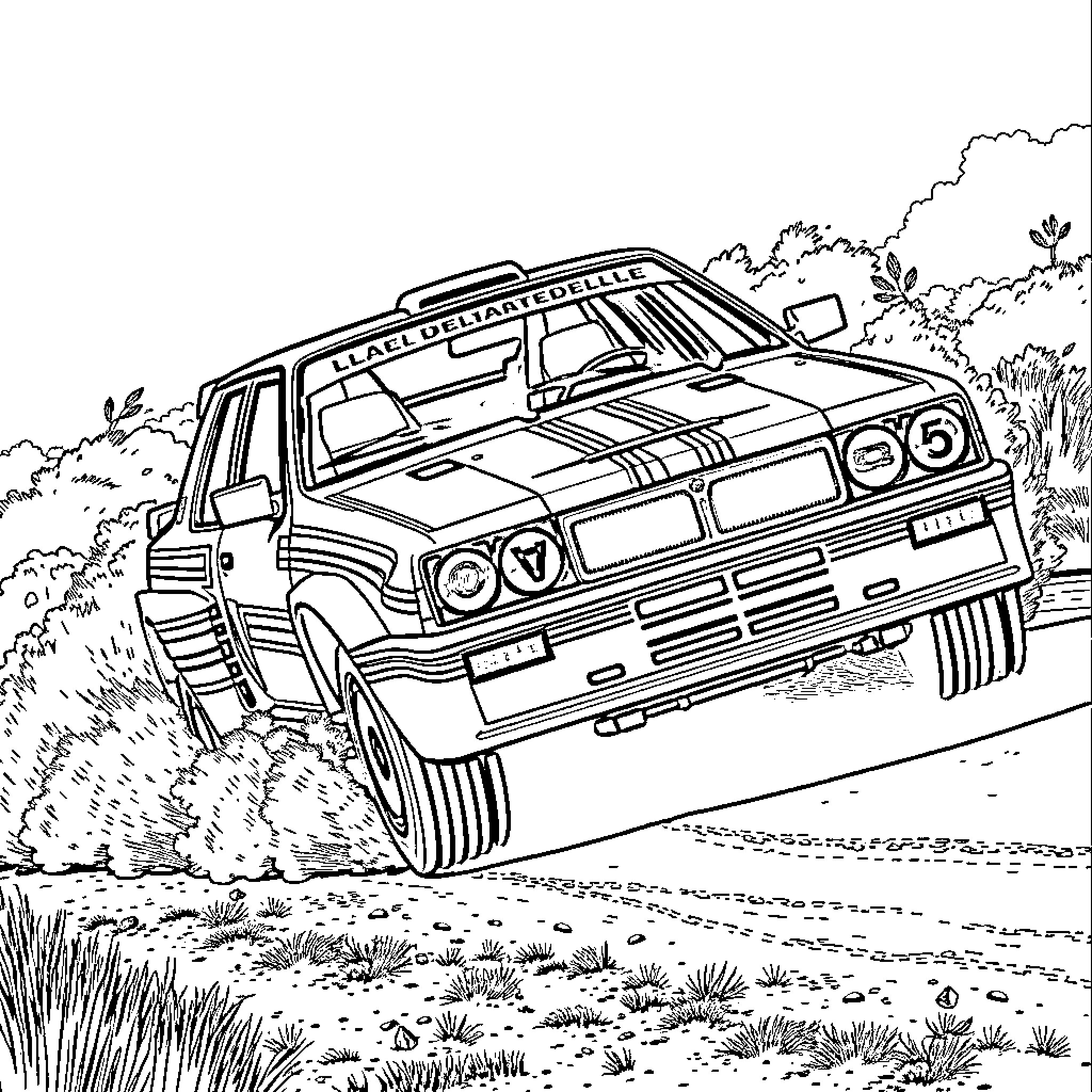 Lancia rally car in action on dirt road Coloring Page (free black-and-white line drawing printable PDF for all, from beginners to advanced learners, including children, teens, adults, and seniors)