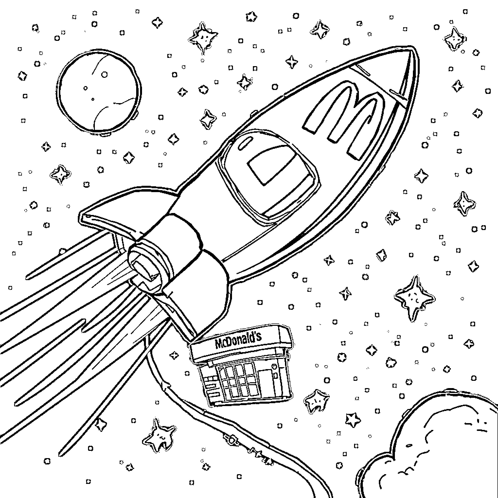 Spaceship soaring through the cosmos with a McDonald's logo Coloring Page (free black-and-white line drawing printable PDF for all, from beginners to advanced learners, including children, teens, adults, and seniors)
