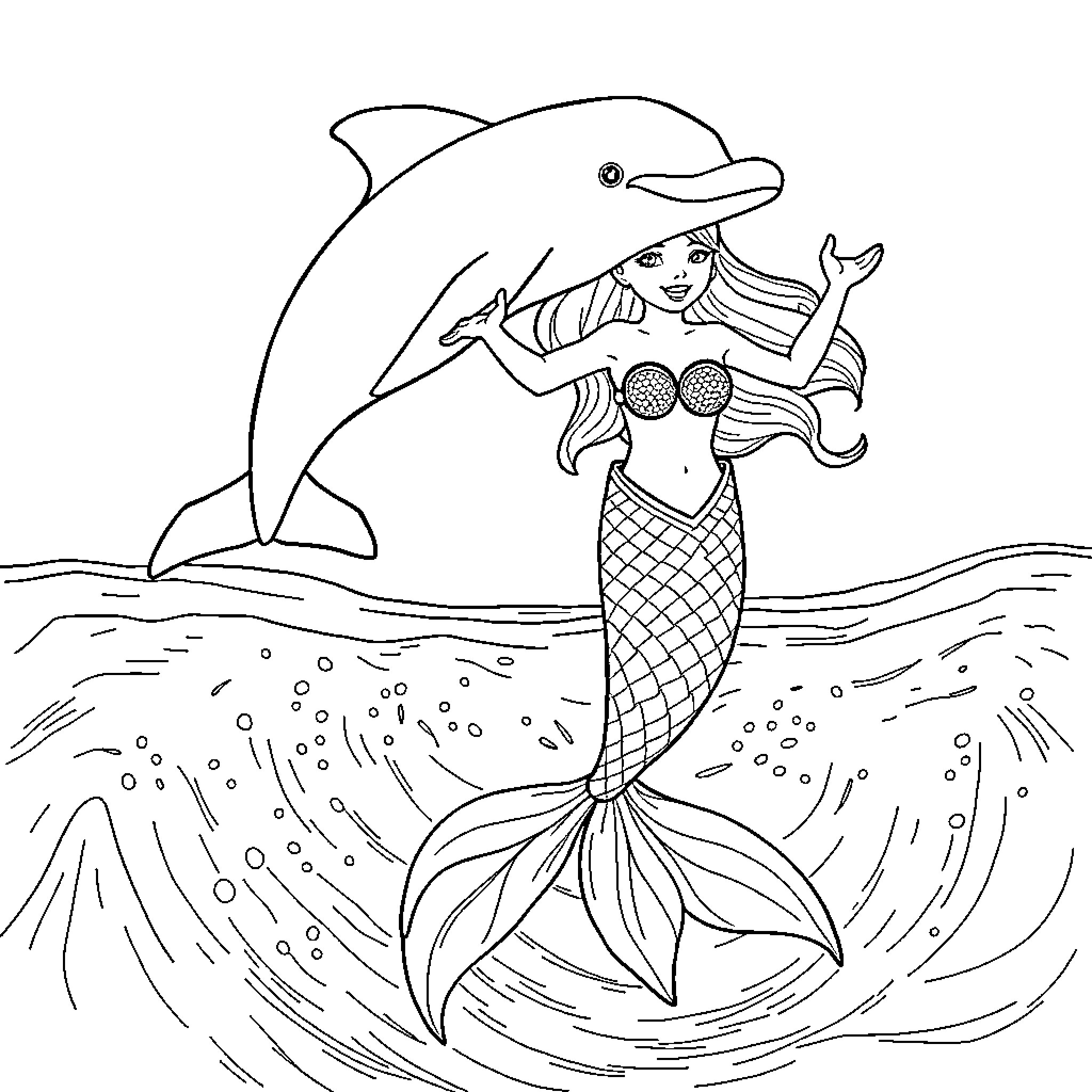 Dolphin playing with mermaid in the ocean Coloring Page (free black-and-white line drawing printable PDF for all, from beginners to advanced learners, including children, teens, adults, and seniors)