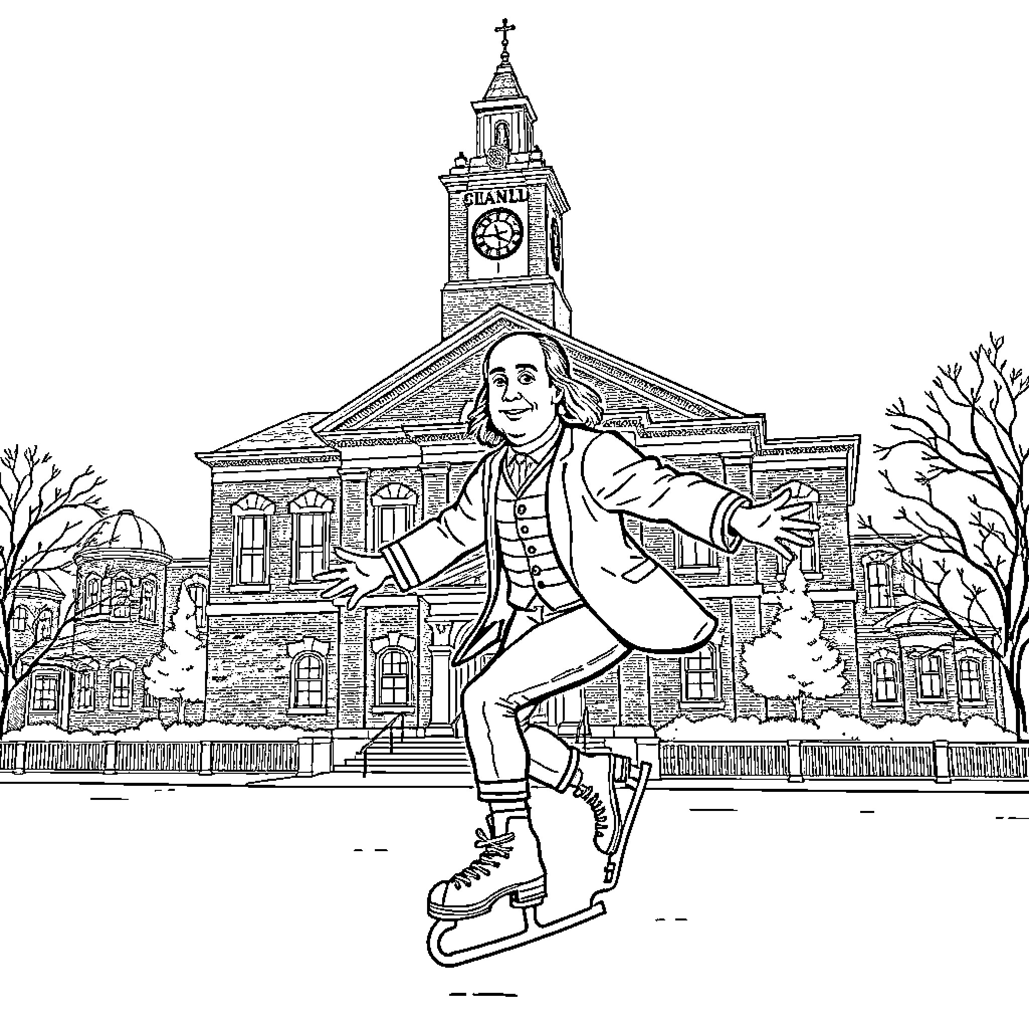 Ben Franklin ice skating in front of historical building Coloring Page (free black-and-white line drawing printable PDF for all, from beginners to advanced learners, including children, teens, adults, and seniors)