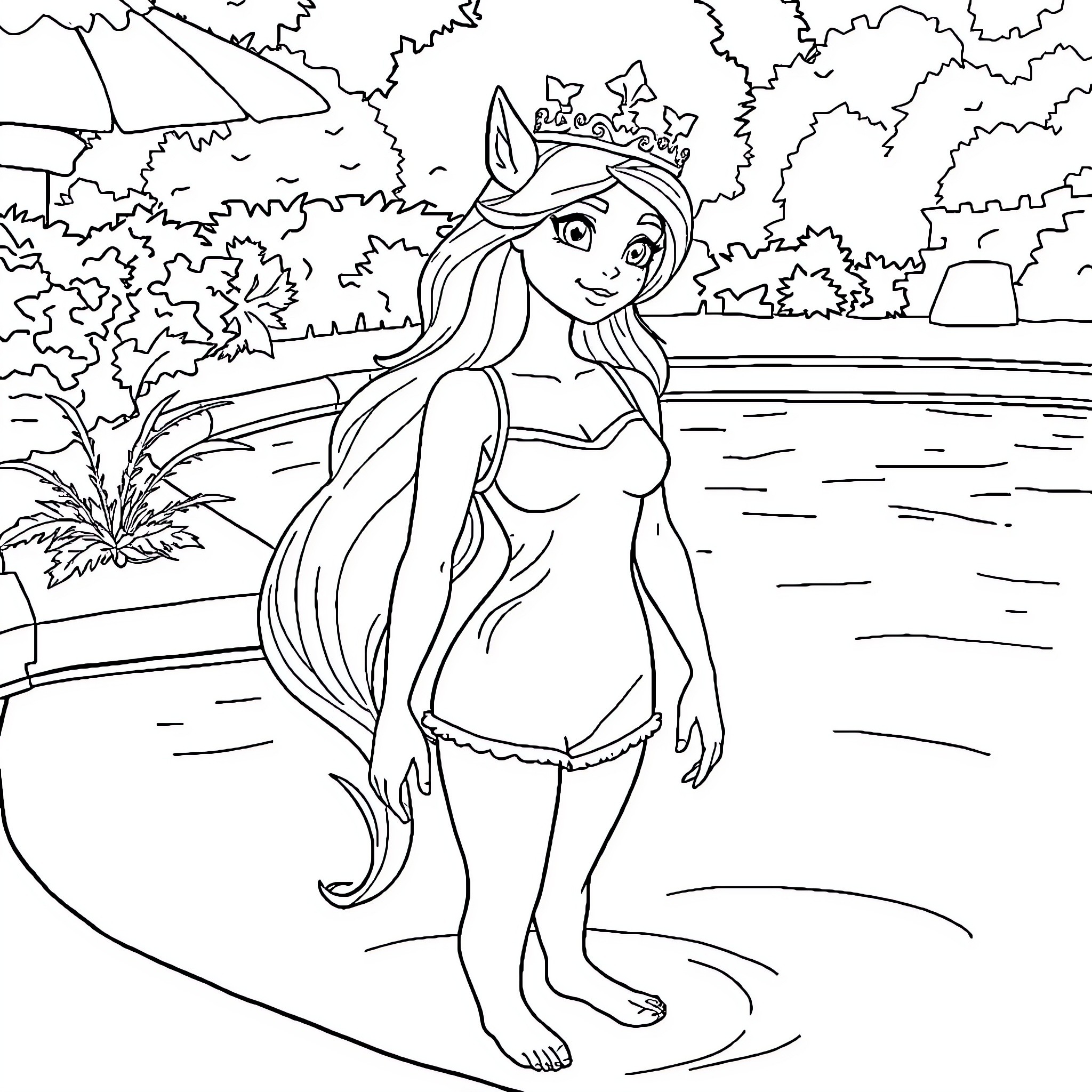 Snow Queen Enjoying a Summer Day by the Lake Coloring Page (free black-and-white line drawing printable PDF for all, from beginners to advanced learners, including children, teens, adults, and seniors)