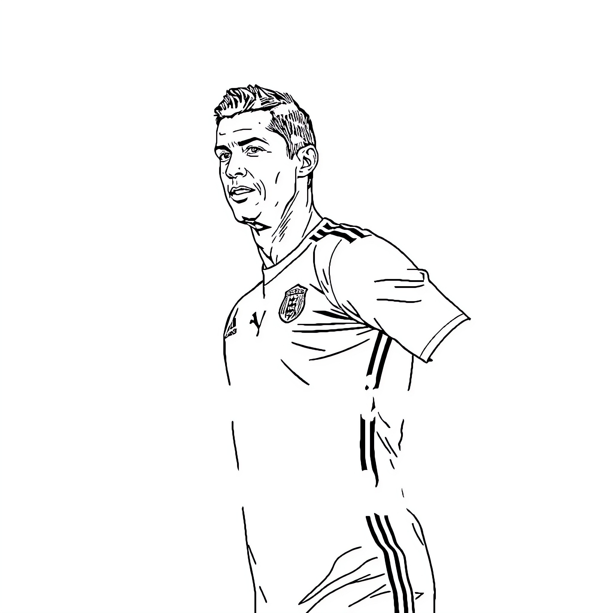 Cristiano Ronaldo in focused sports uniform Coloring Page (free black-and-white line drawing printable PDF for all, from beginners to advanced learners, including children, teens, adults, and seniors)