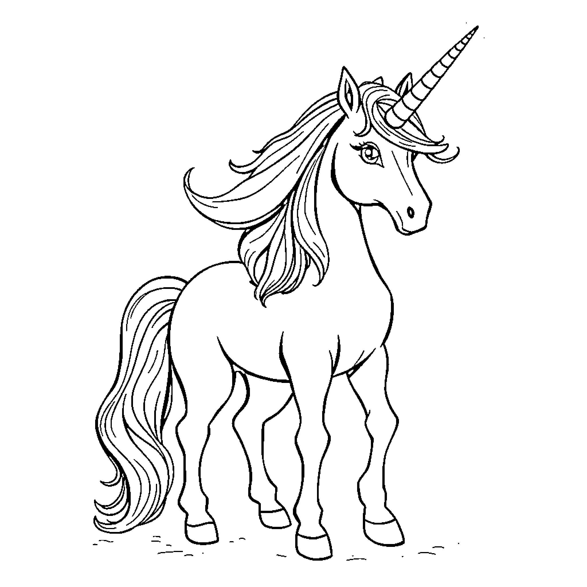 Unicorn standing proud and majestic Coloring Page (free black-and-white line drawing printable PDF for all, from beginners to advanced learners, including children, teens, adults, and seniors)