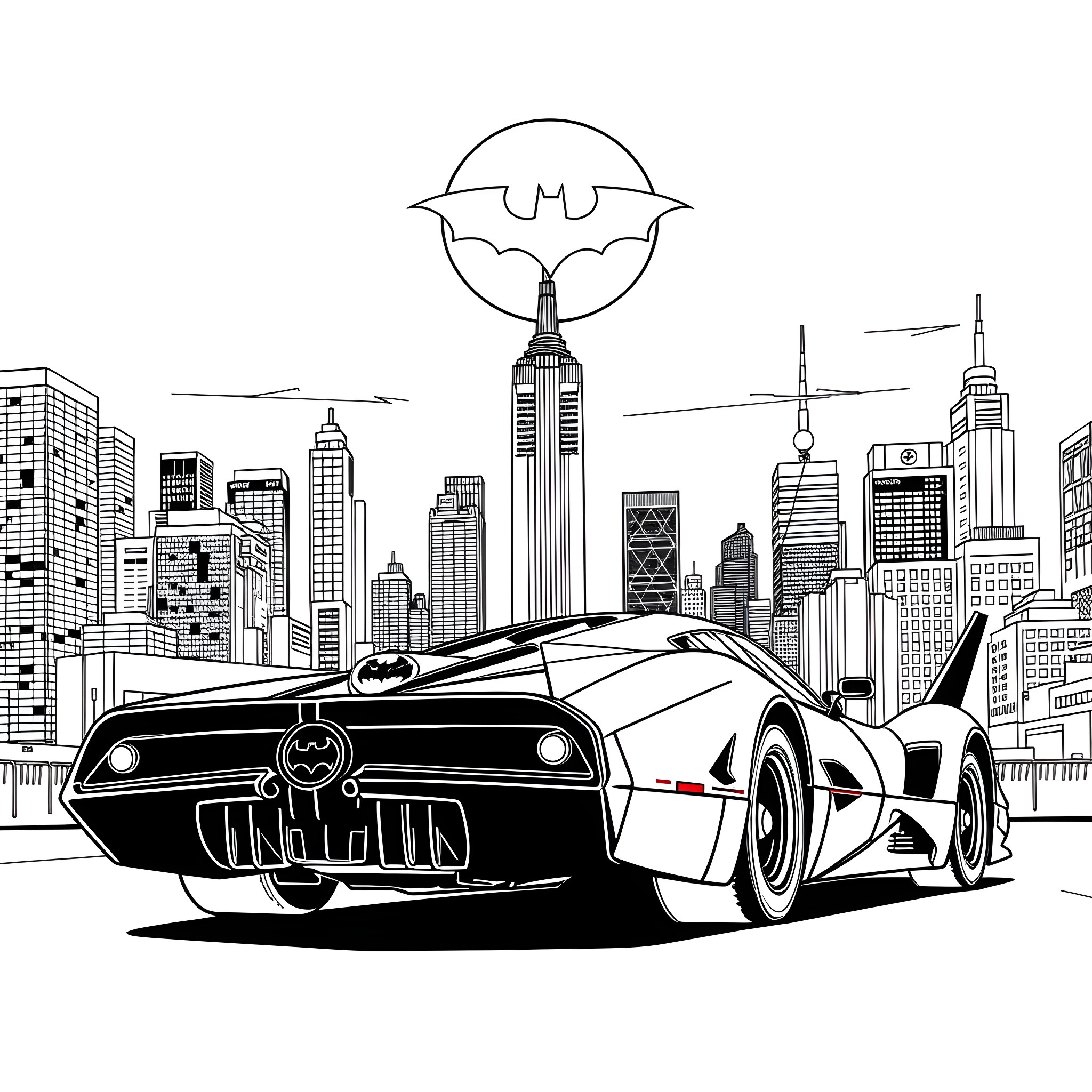 Batmobile racing through Gotham City skyline Coloring Page (free black-and-white line drawing printable PDF for all, from beginners to advanced learners, including children, teens, adults, and seniors)