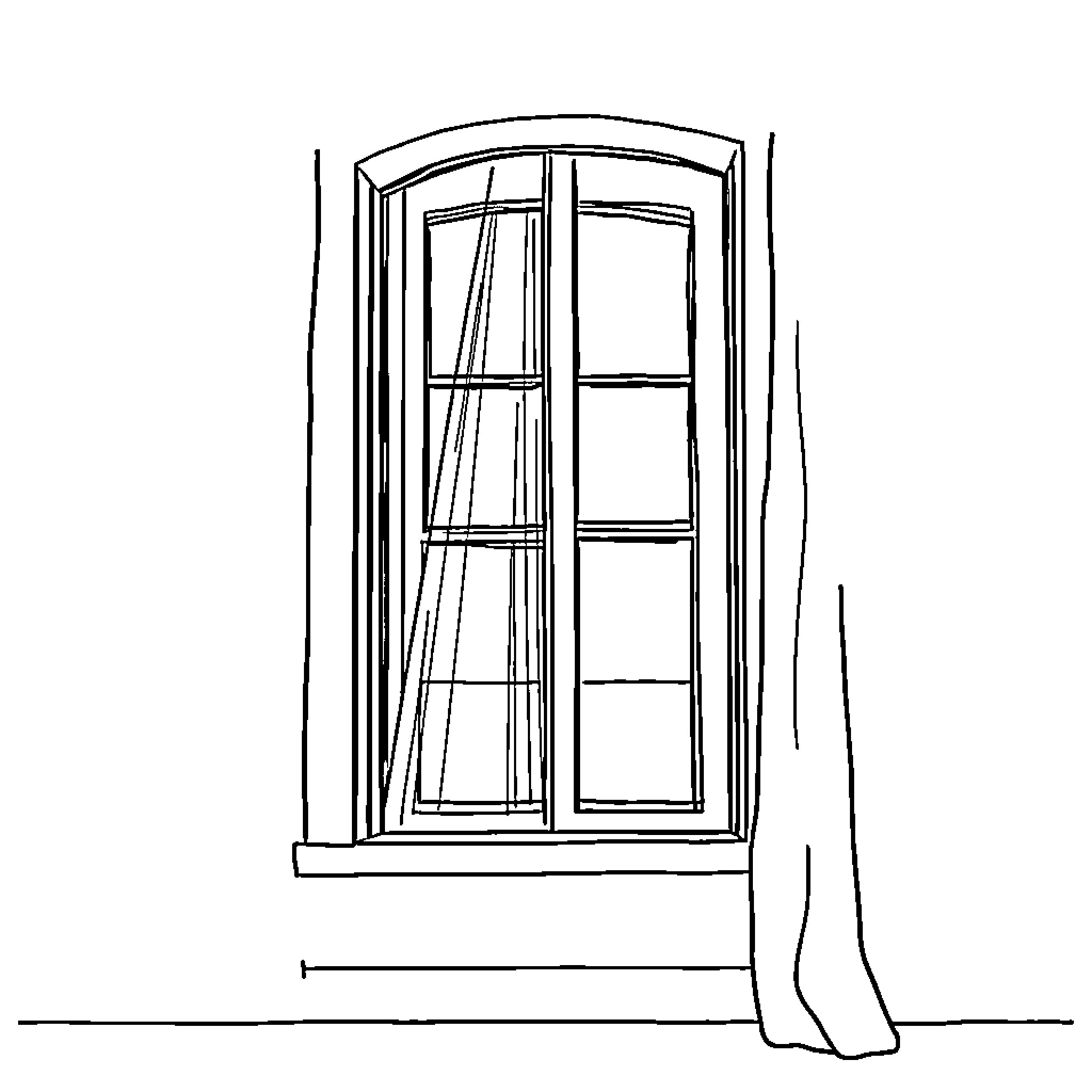 Beaming Arched Window Overlooking Tranquil Scene Coloring Page (free black-and-white line drawing printable PDF for all, from beginners to advanced learners, including children, teens, adults, and seniors)