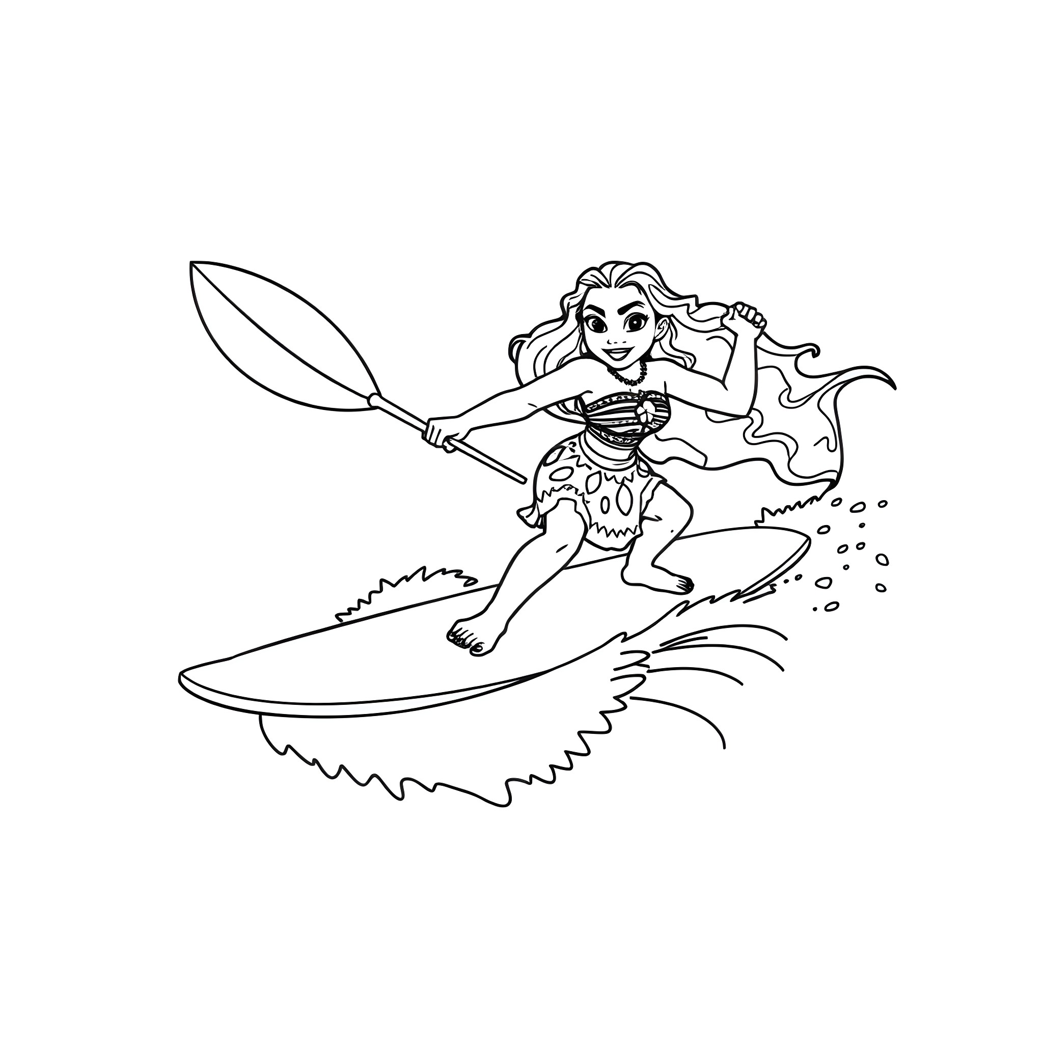 Moana surfing the waves with her paddle Coloring Page (free black-and-white line drawing printable PDF for all, from beginners to advanced learners, including children, teens, adults, and seniors)