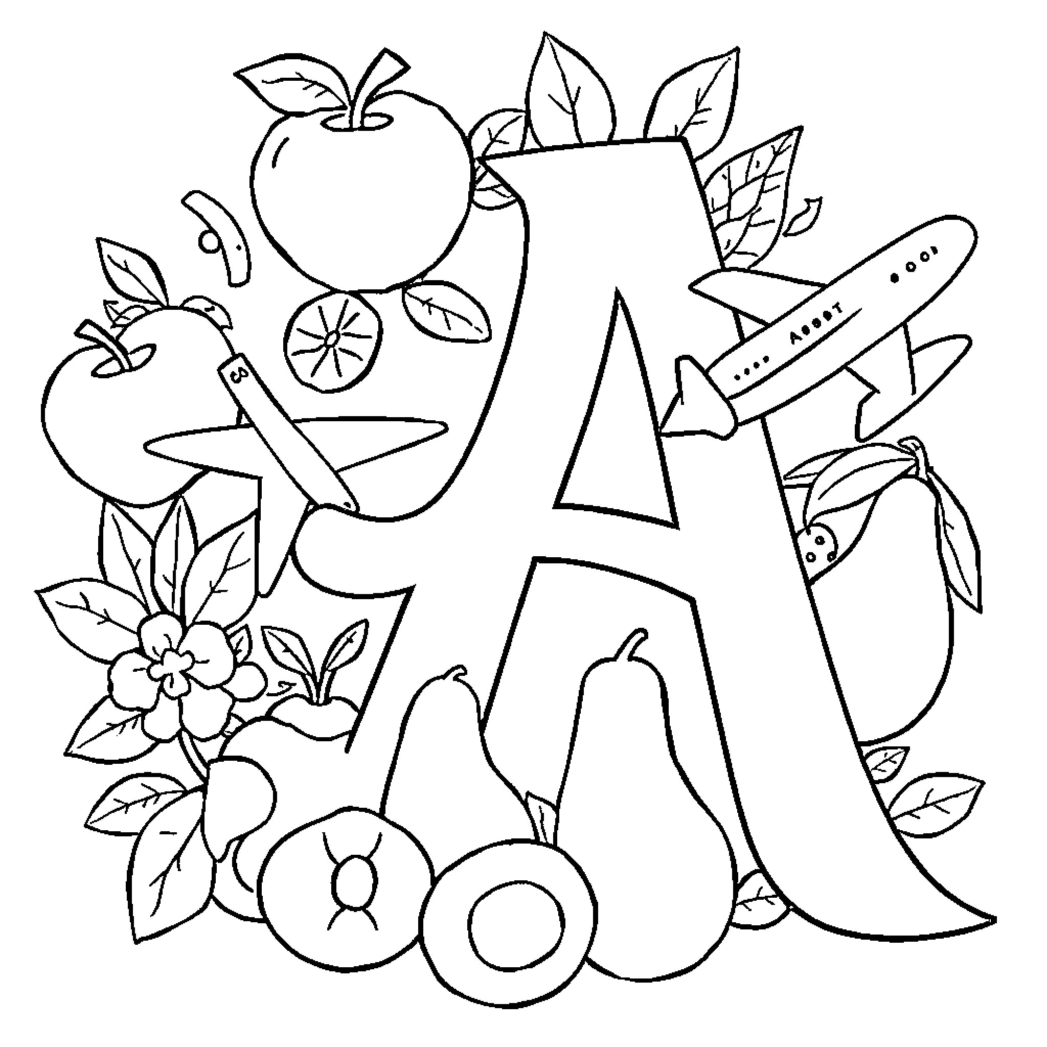 Letter A with Diverse Objects and Shapes Coloring Page (free black-and-white line drawing printable PDF for all, from beginners to advanced learners, including children, teens, adults, and seniors)