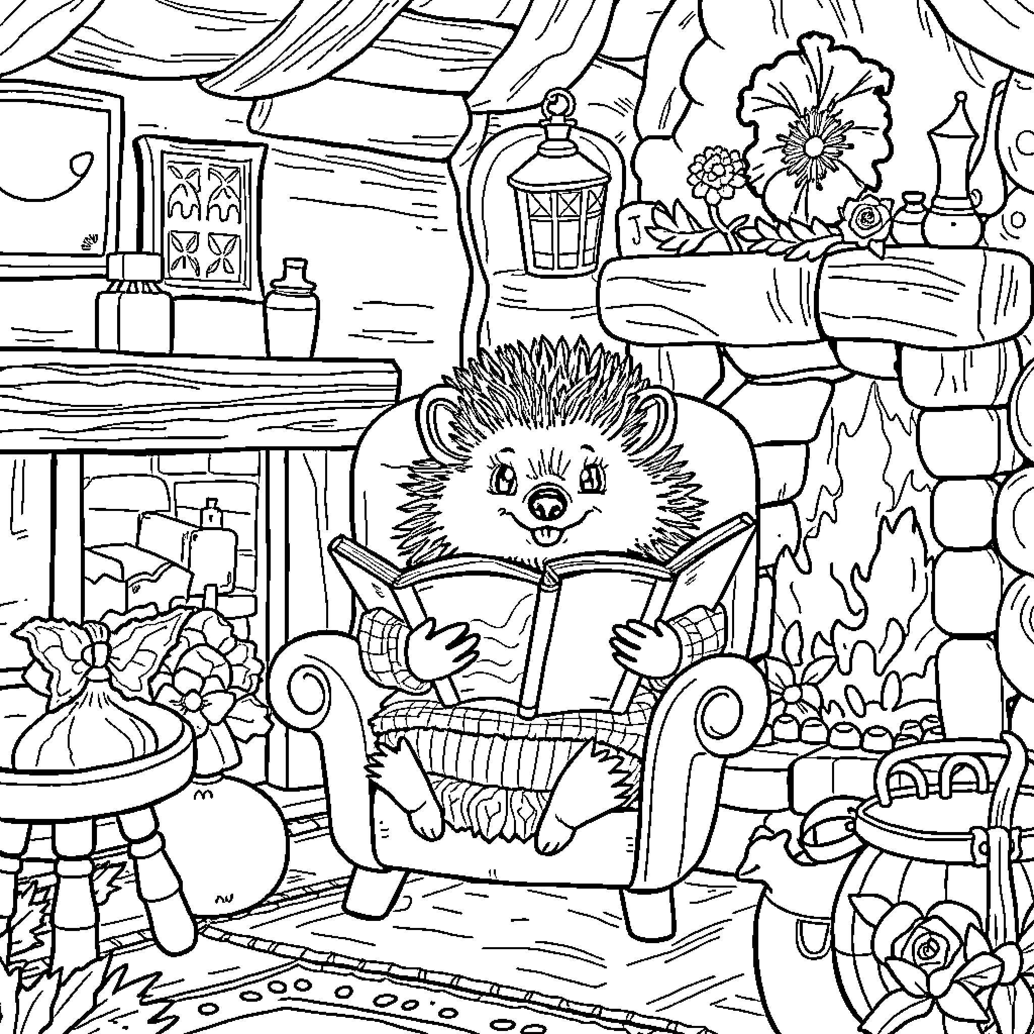 Hedgehog reading a book in a cozy home Coloring Page (free black-and-white line drawing printable PDF for all, from beginners to advanced learners, including children, teens, adults, and seniors)