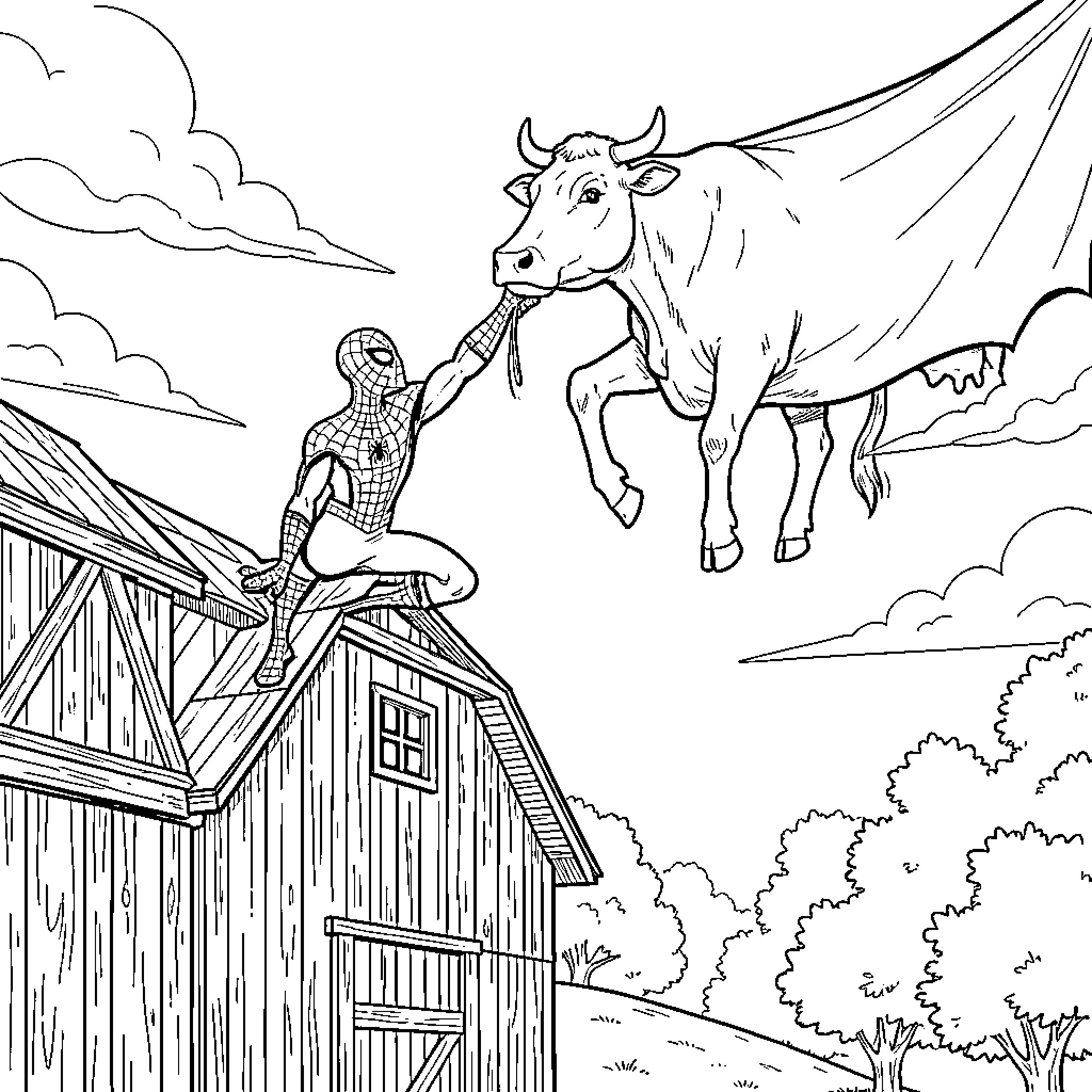 Spider-Man using webs to catch a flying cow Coloring Page (free black-and-white line drawing printable PDF for all, from beginners to advanced learners, including children, teens, adults, and seniors)